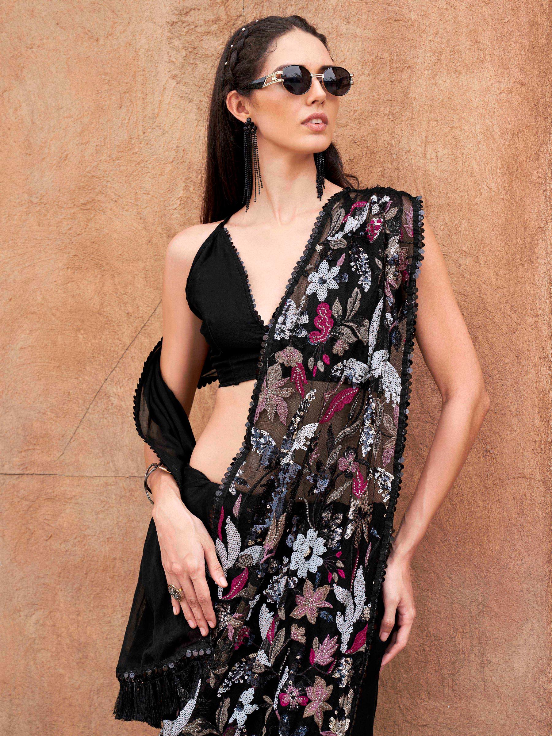 Black colored designer saree with sequence and beads embroidery on shoulder portion
