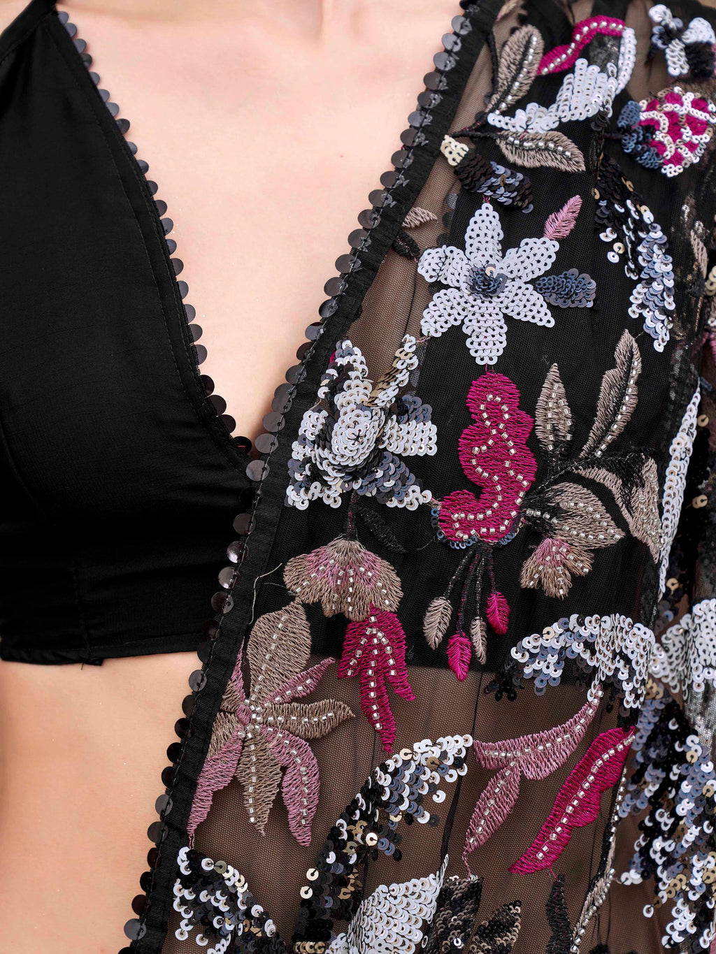 Black colored designer saree with sequence and beads embroidery on shoulder portion