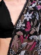 Black colored designer saree with sequence and beads embroidery on shoulder portion