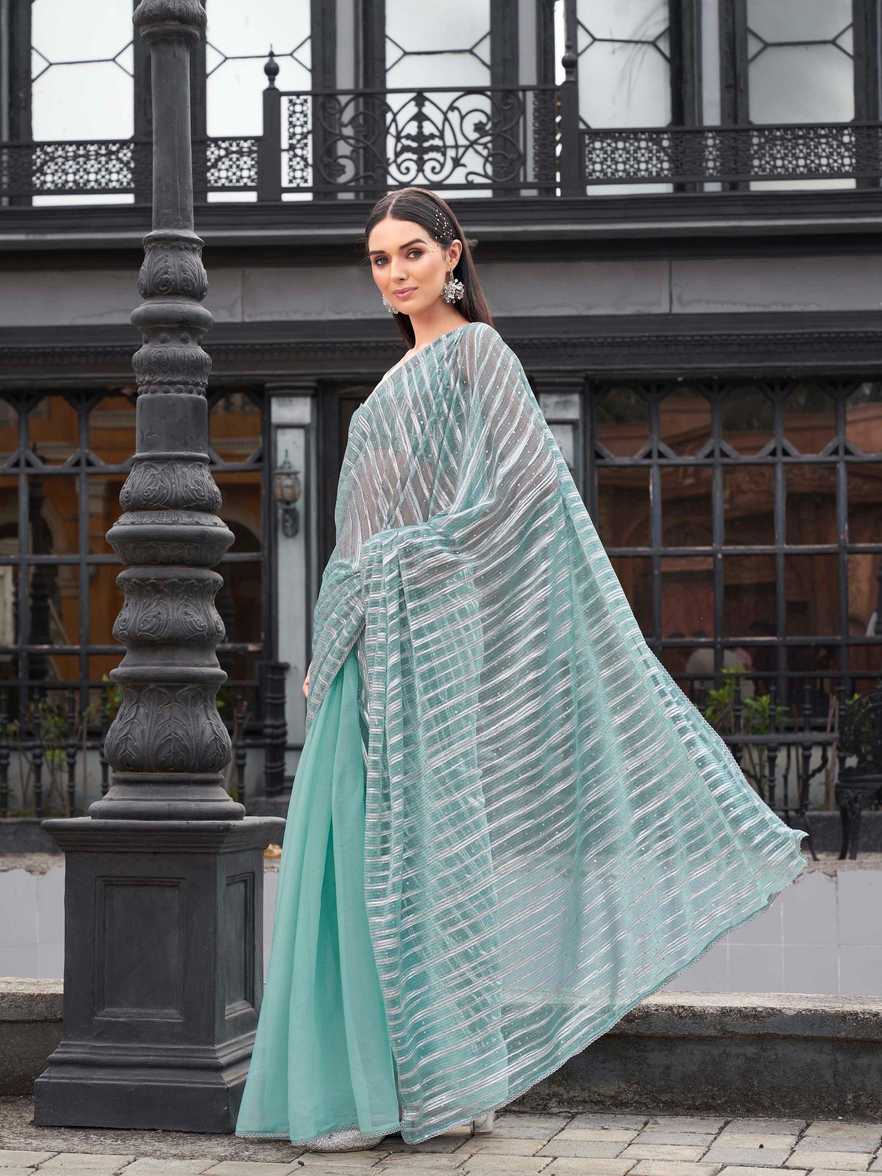 Blue colored designer satin half & half saree