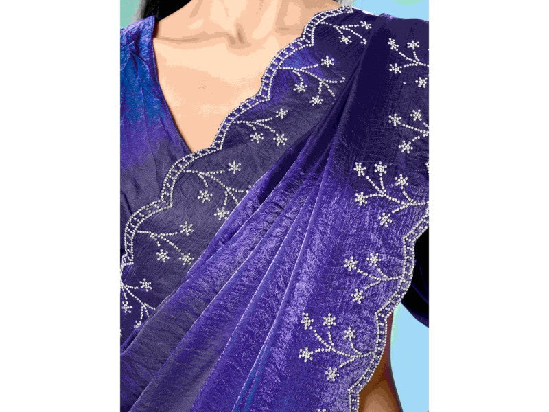 Royal blue colored satin saree with heavy work