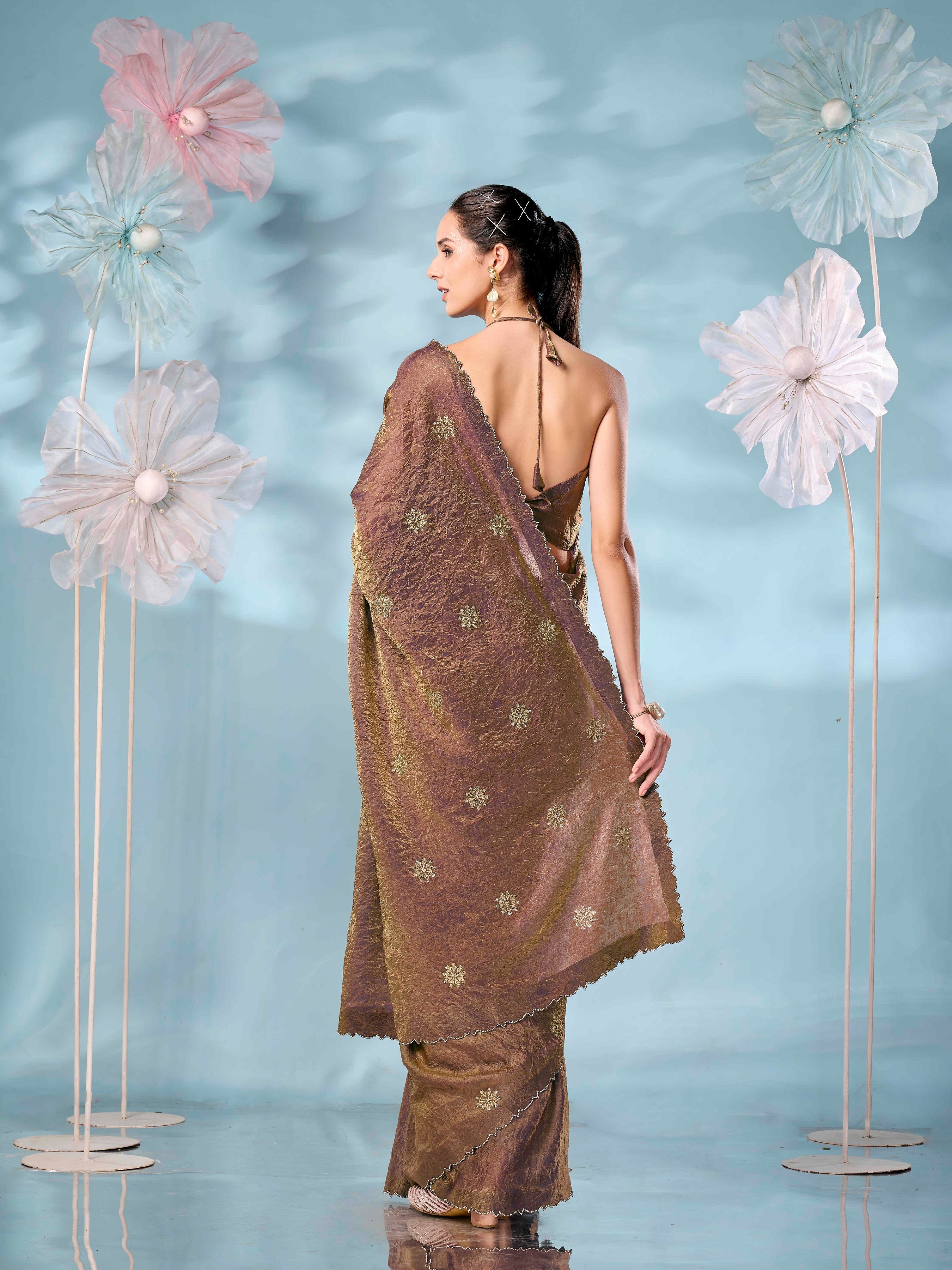 Two tone bronze & purple colored designer sequinned saree with swaroski border