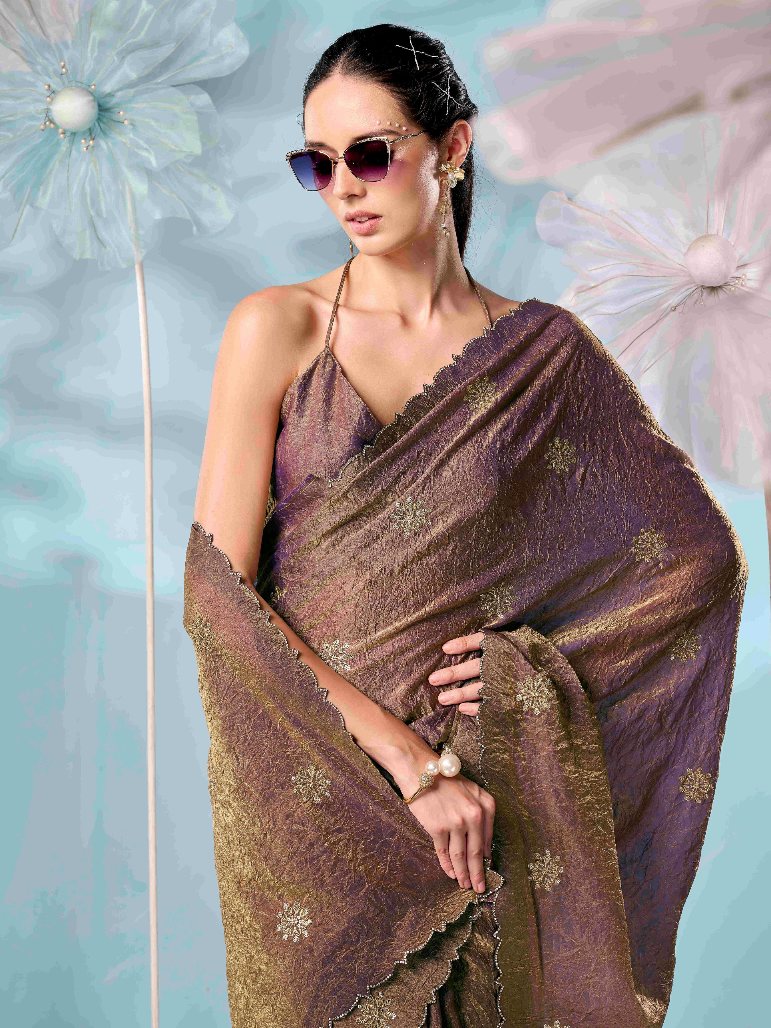 Two tone bronze & purple colored designer sequinned saree with swaroski border