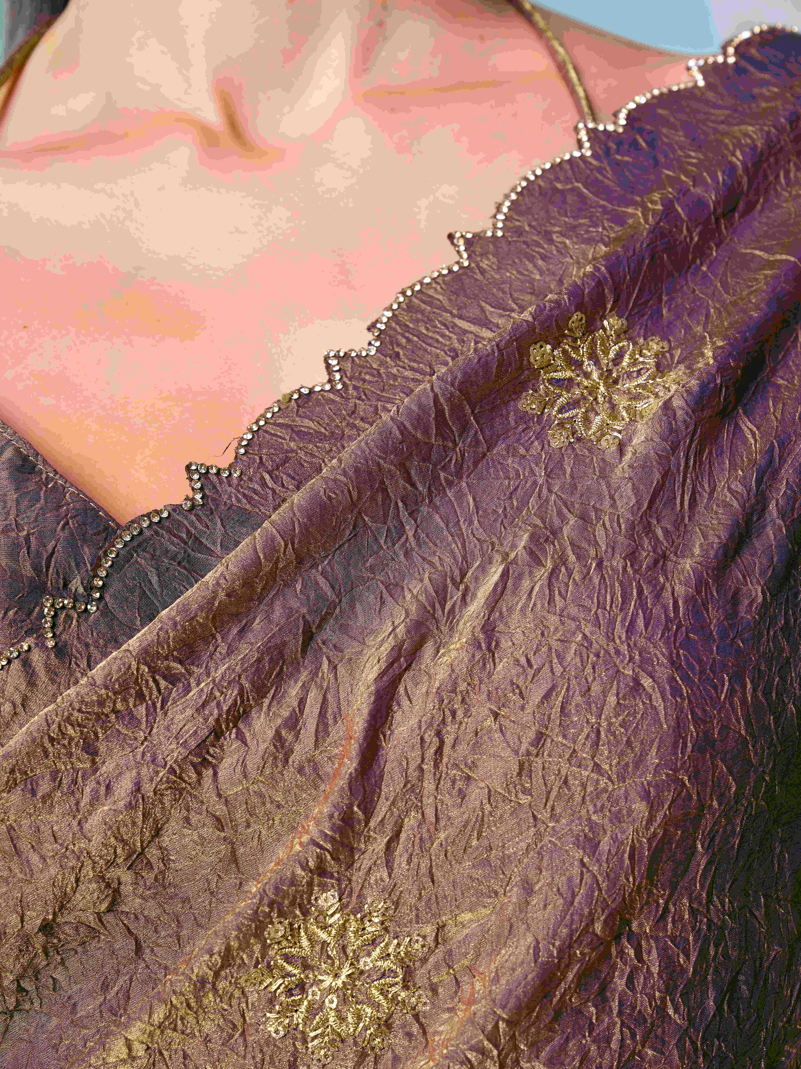 Two tone bronze & purple colored designer sequinned saree with swaroski border