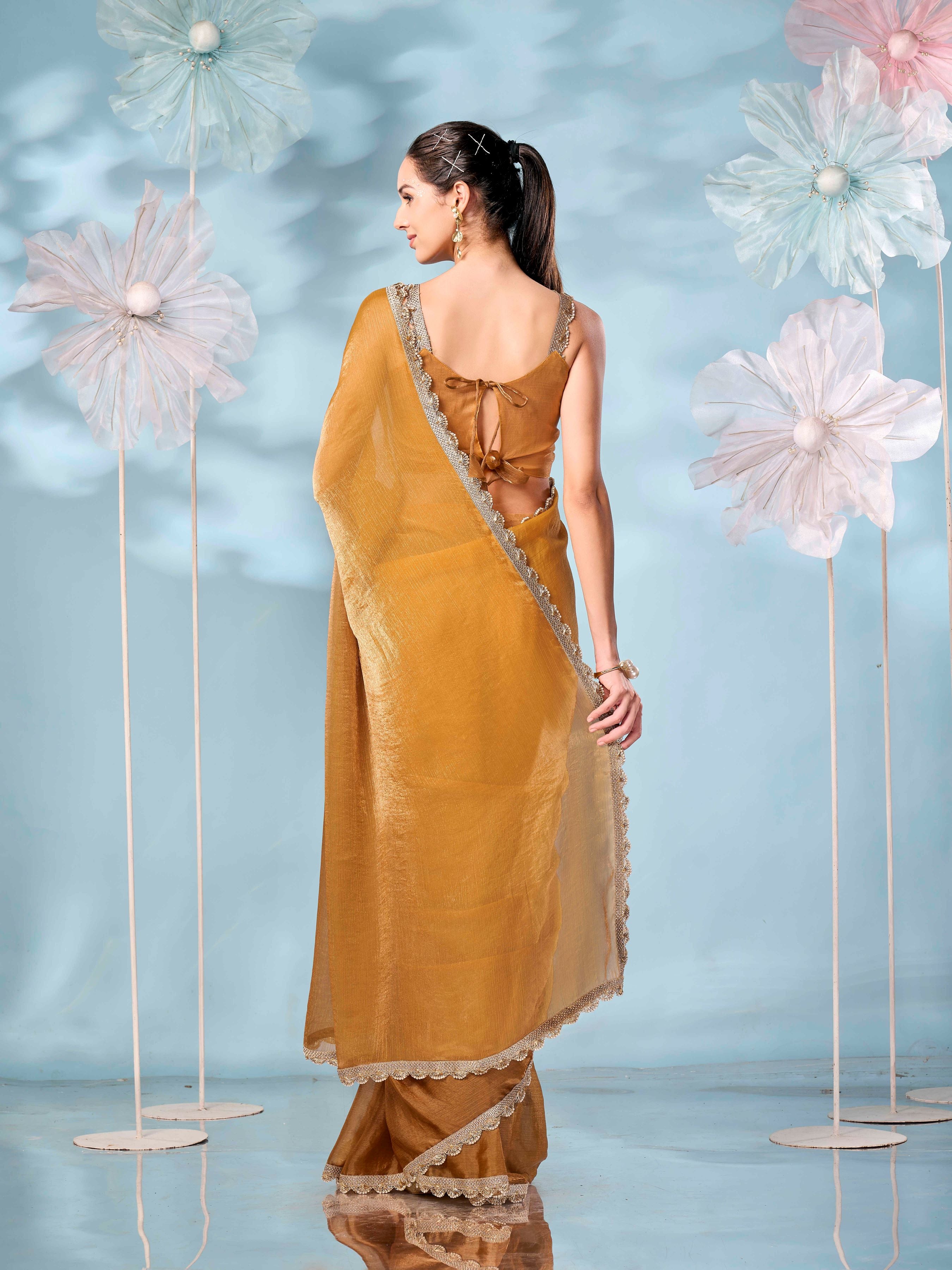 Ombre yellow & brown colored jimmy choo saree with embellished border