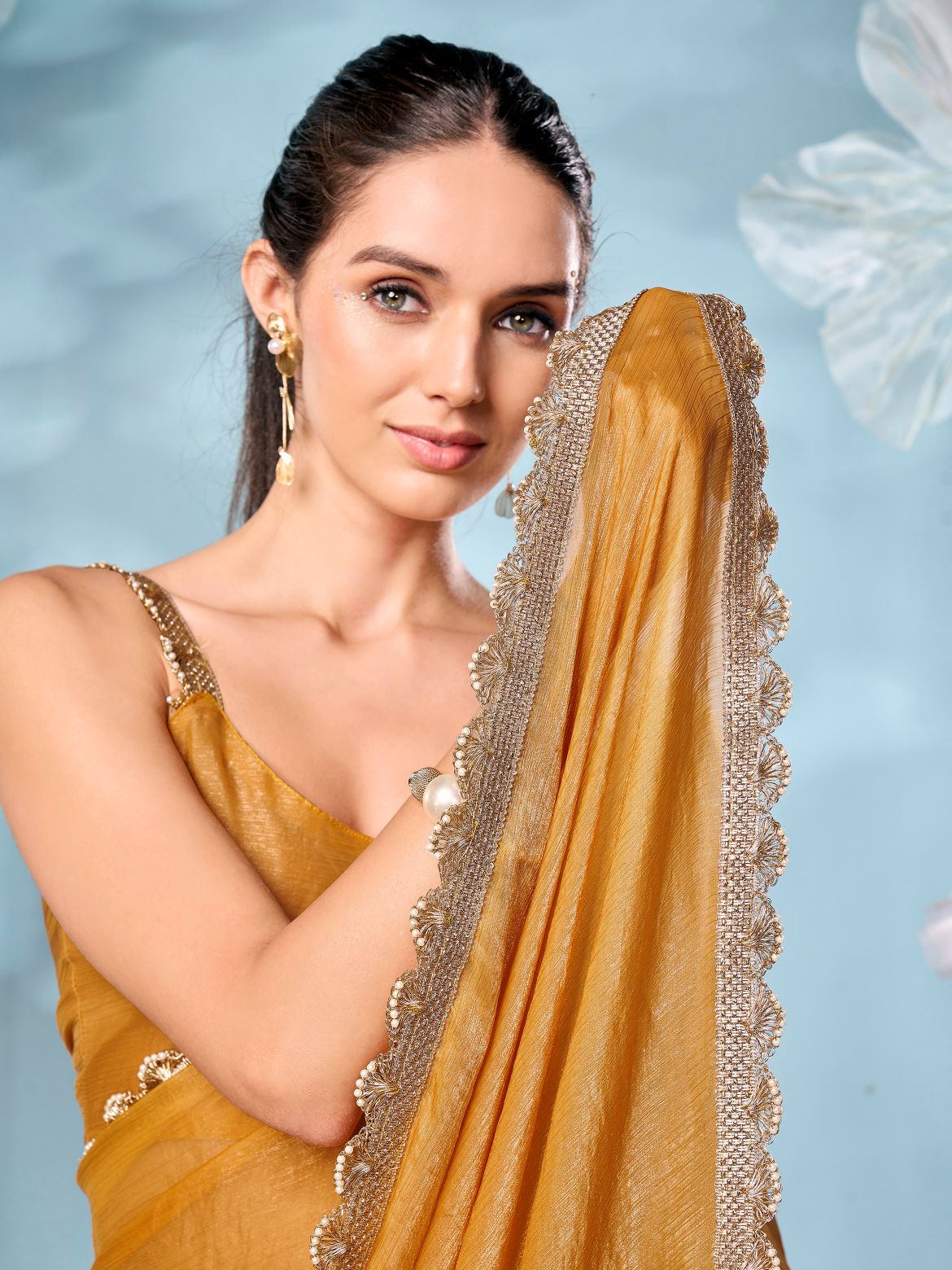 Ombre yellow & brown colored jimmy choo saree with embellished border