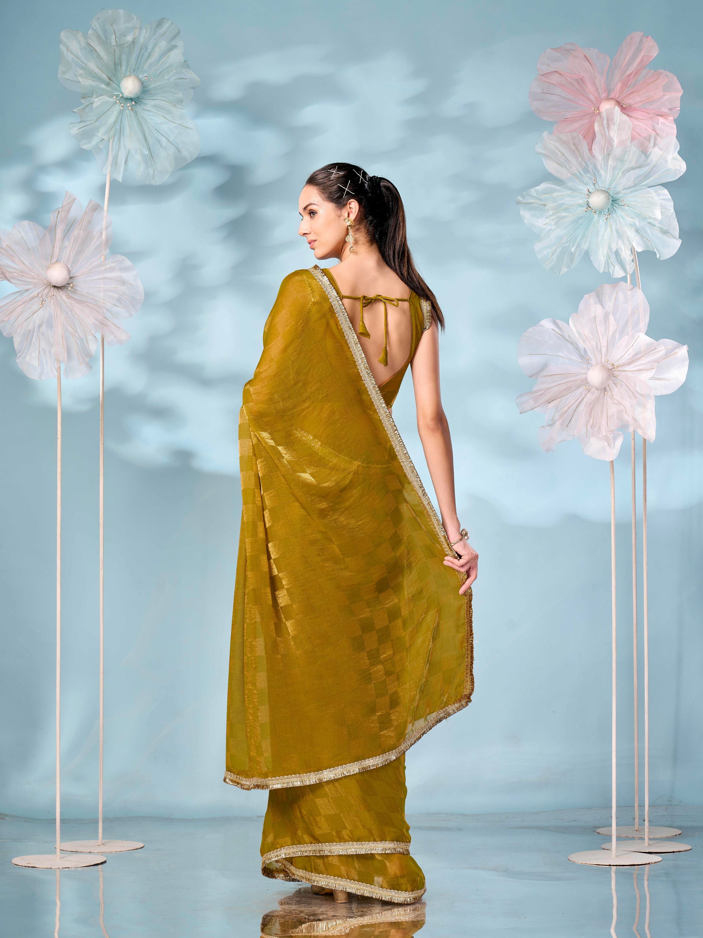 Checks pattern mustard & golden colored jimmy choo saree with embellished border