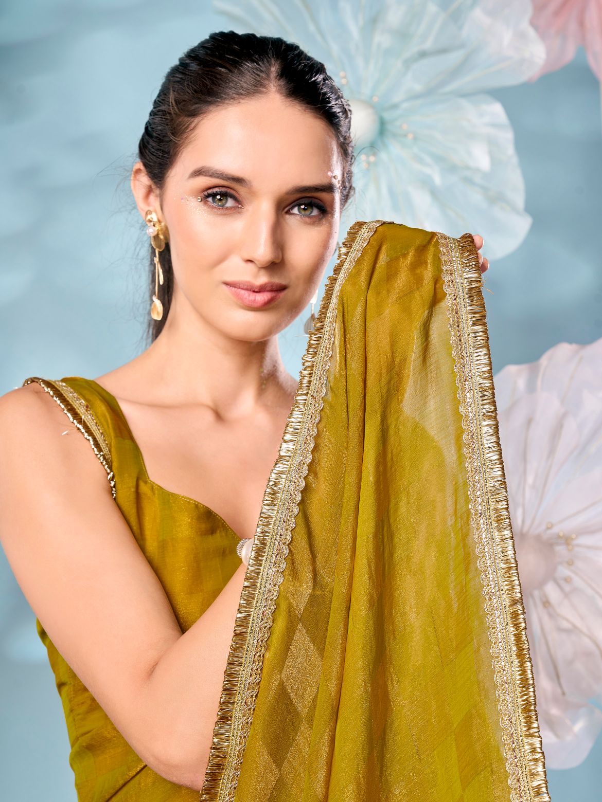 Checks pattern mustard & golden colored jimmy choo saree with embellished border