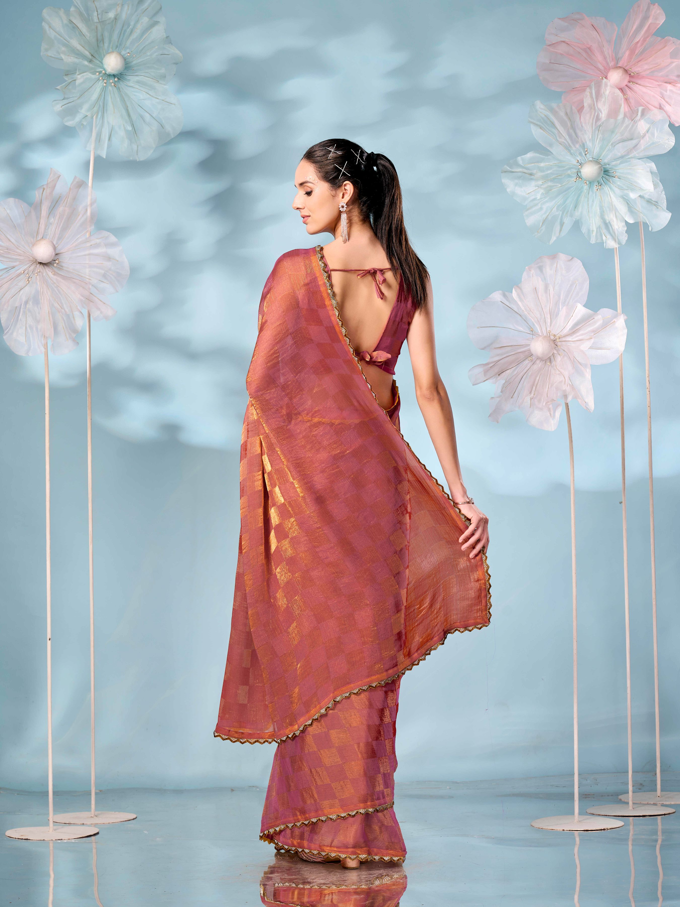 Checks pattern pink & orange colored jimmy choo saree with embellished border