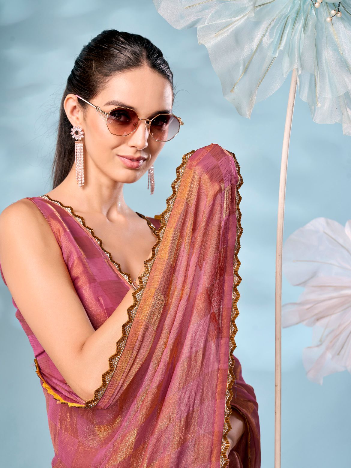 Checks pattern pink & orange colored jimmy choo saree with embellished border