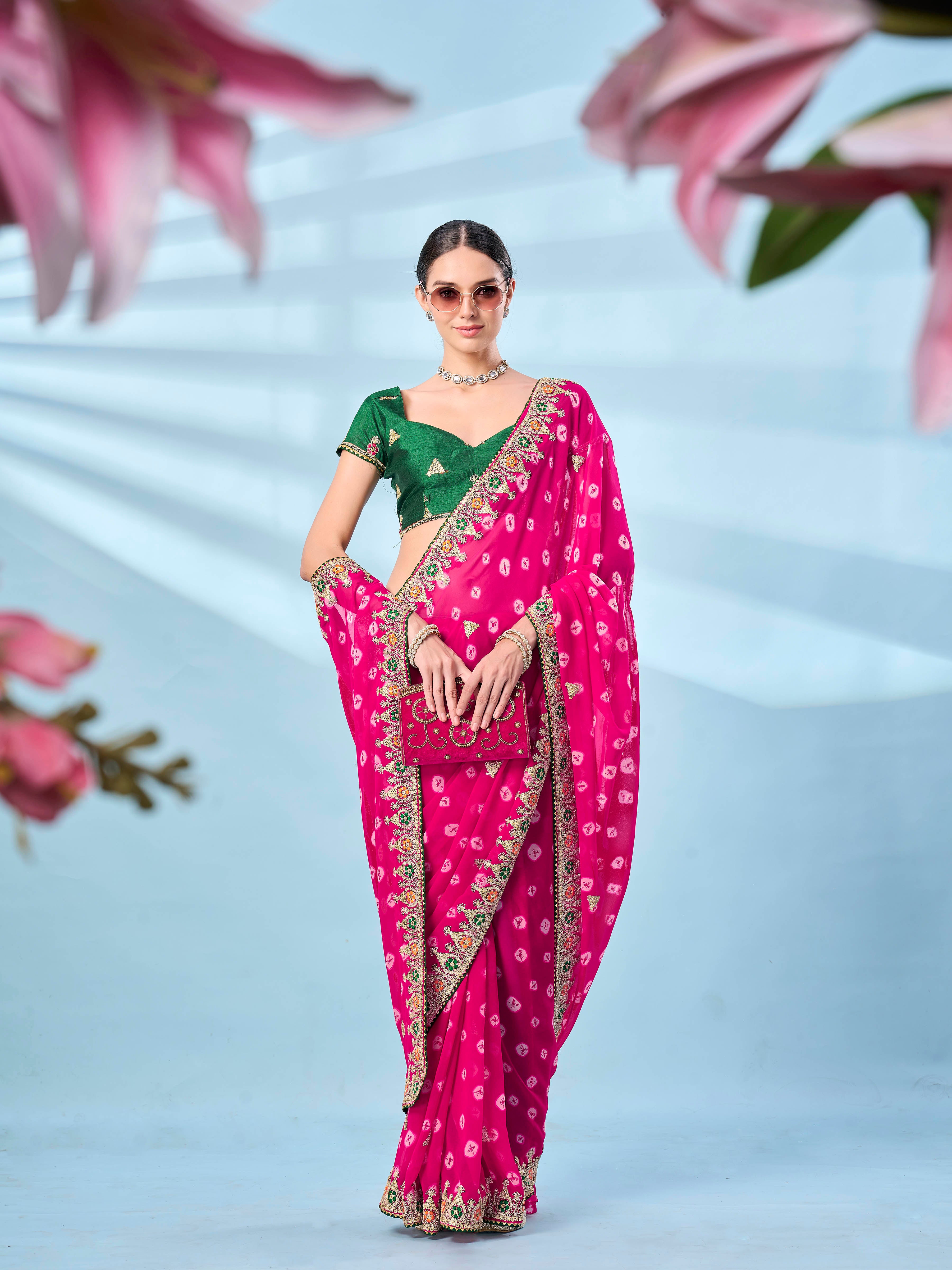 Rani colored bandhani printed embroidered saree