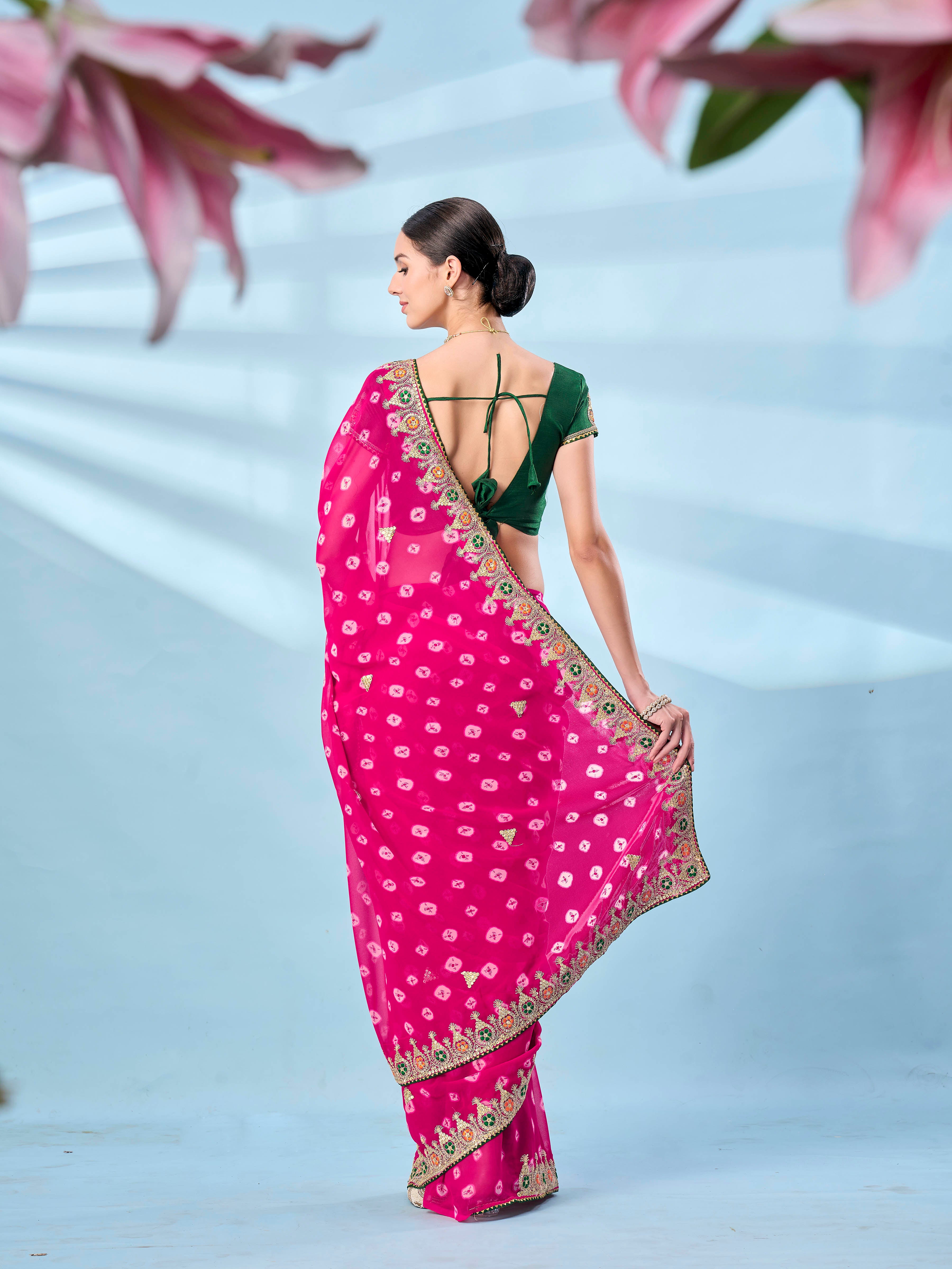 Rani colored bandhani printed embroidered saree