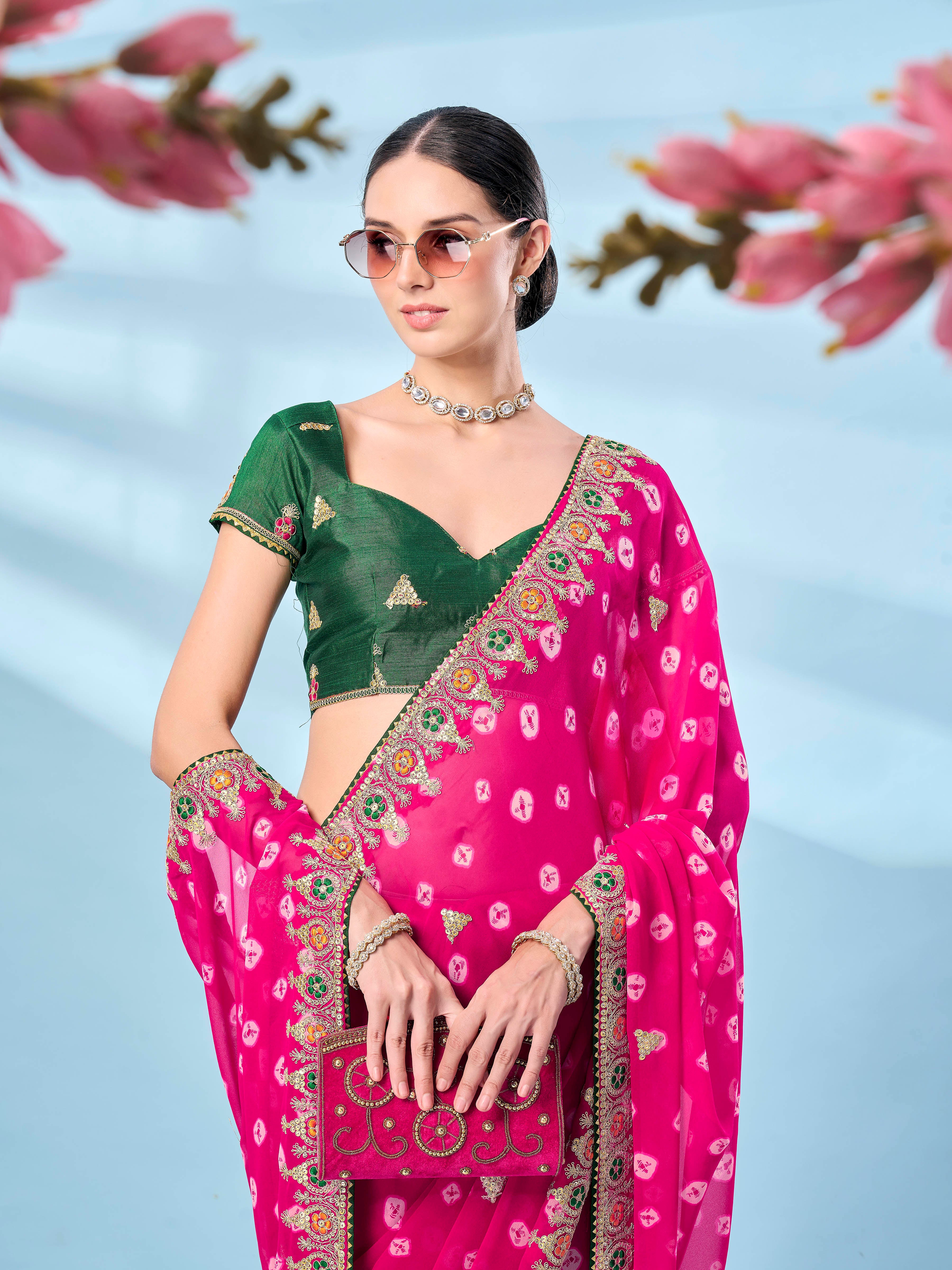 Rani colored bandhani printed embroidered saree