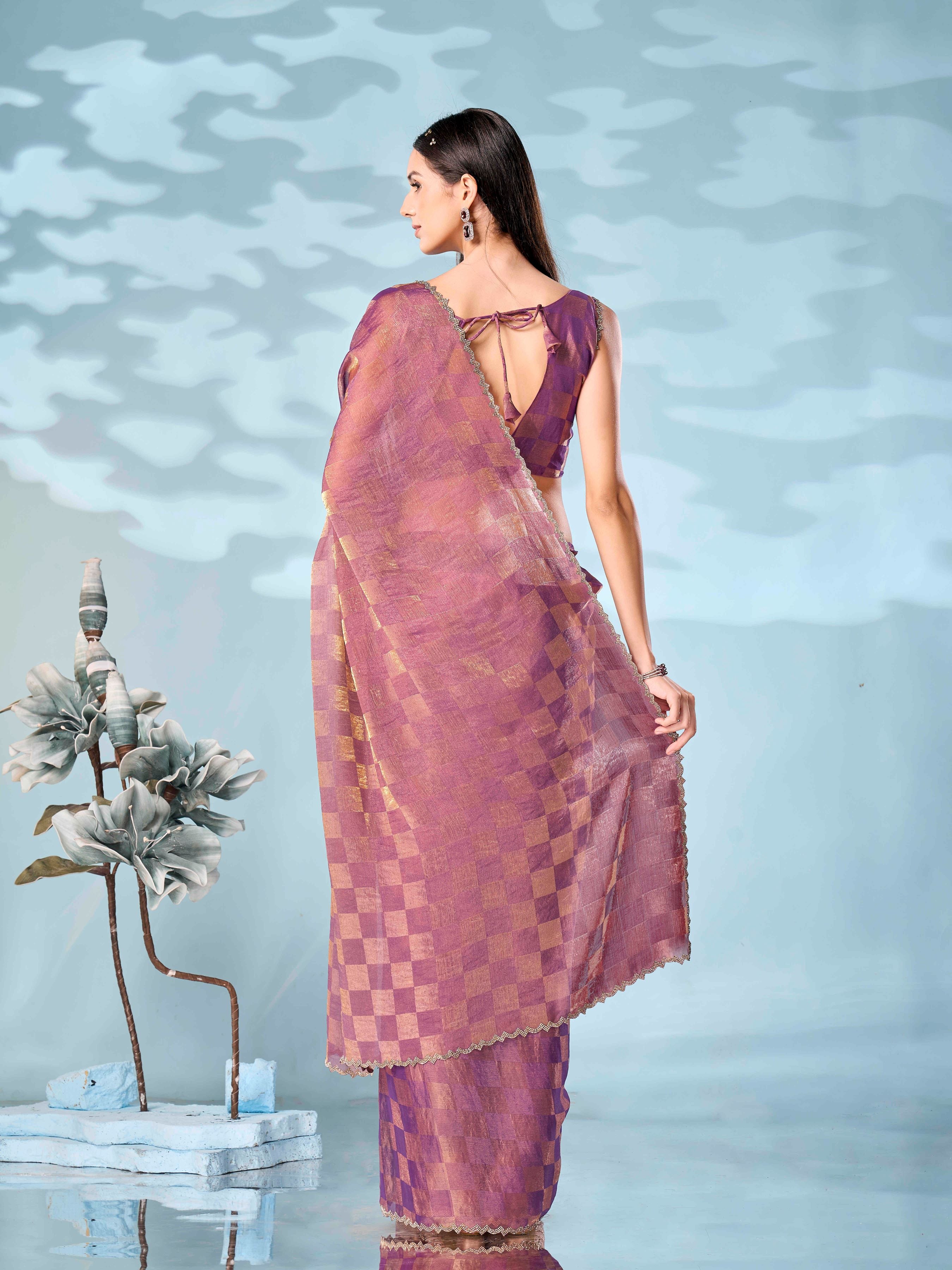 Checks pattern two tone purple & golden colored designer saree with swaroski border