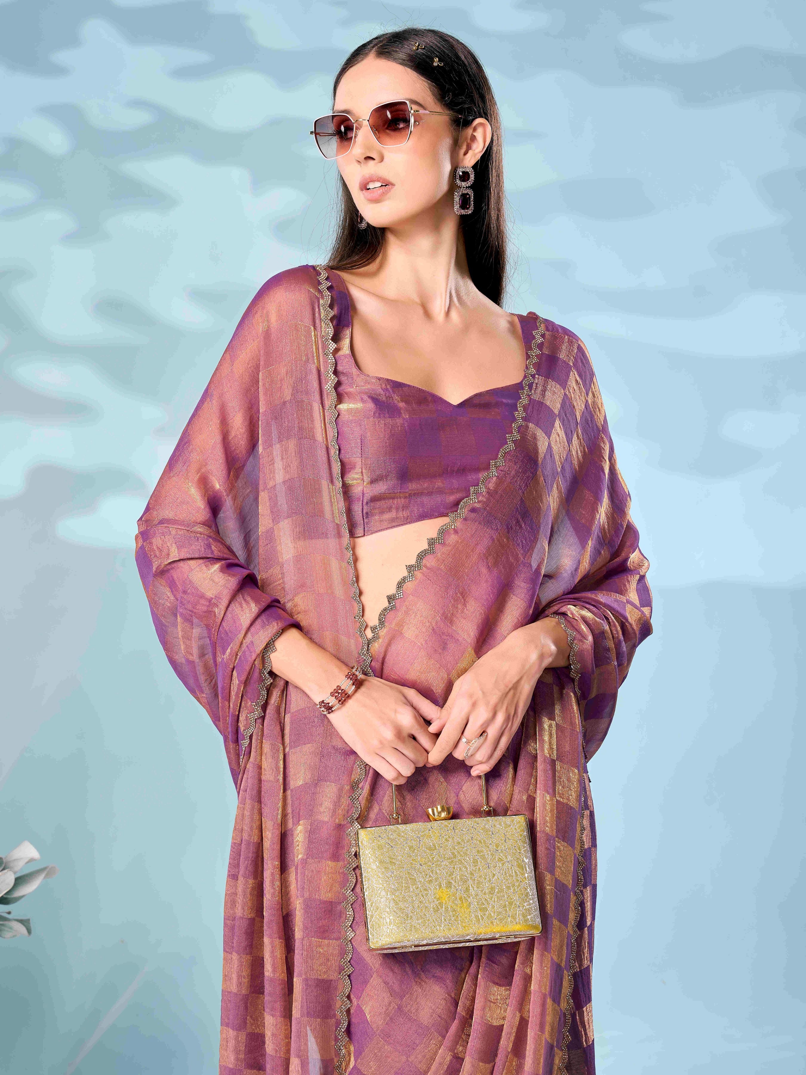 Checks pattern two tone purple & golden colored designer saree with swaroski border