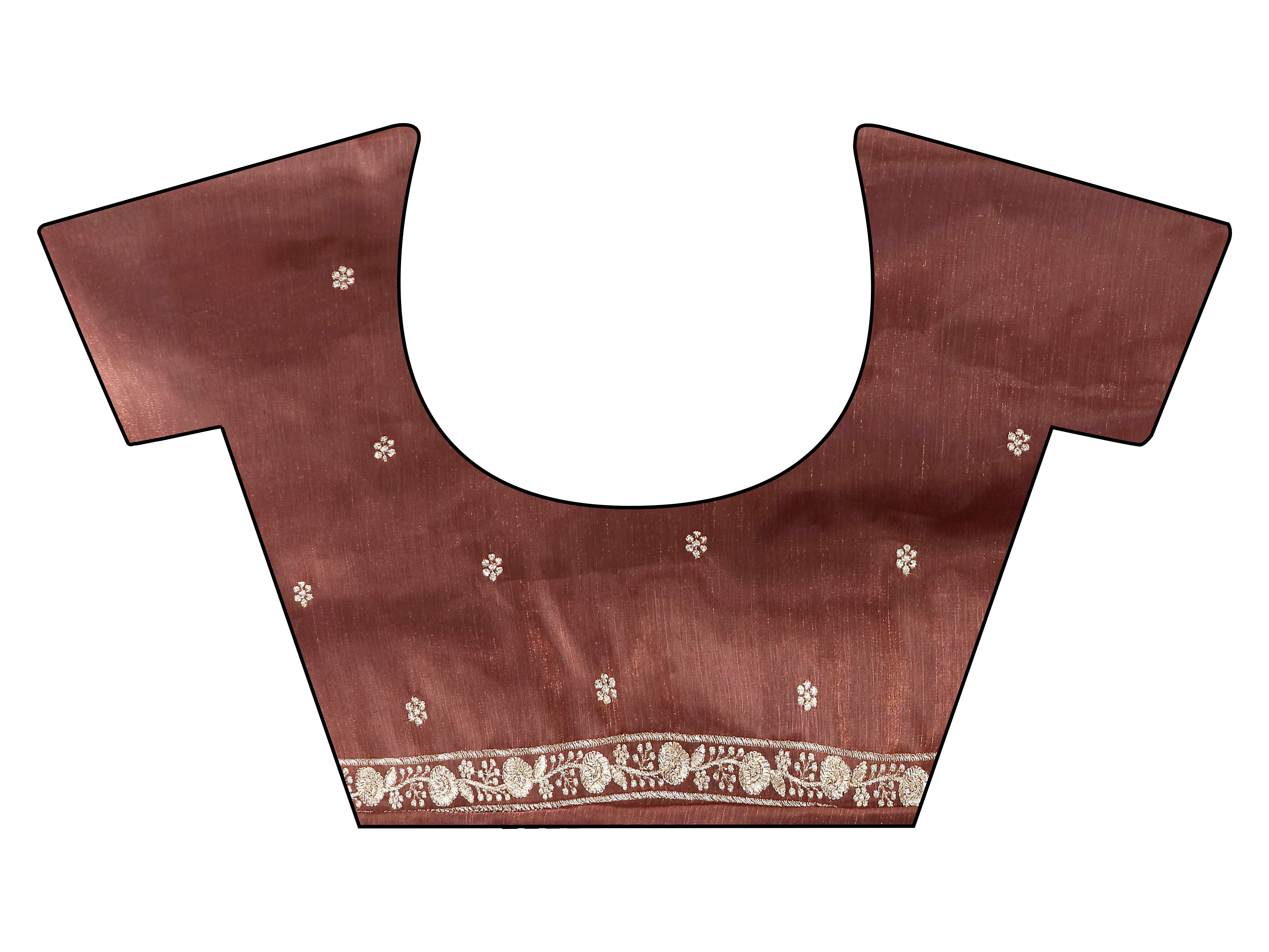 Metallic bronze colored zari embroidered saree with tassles on pallu