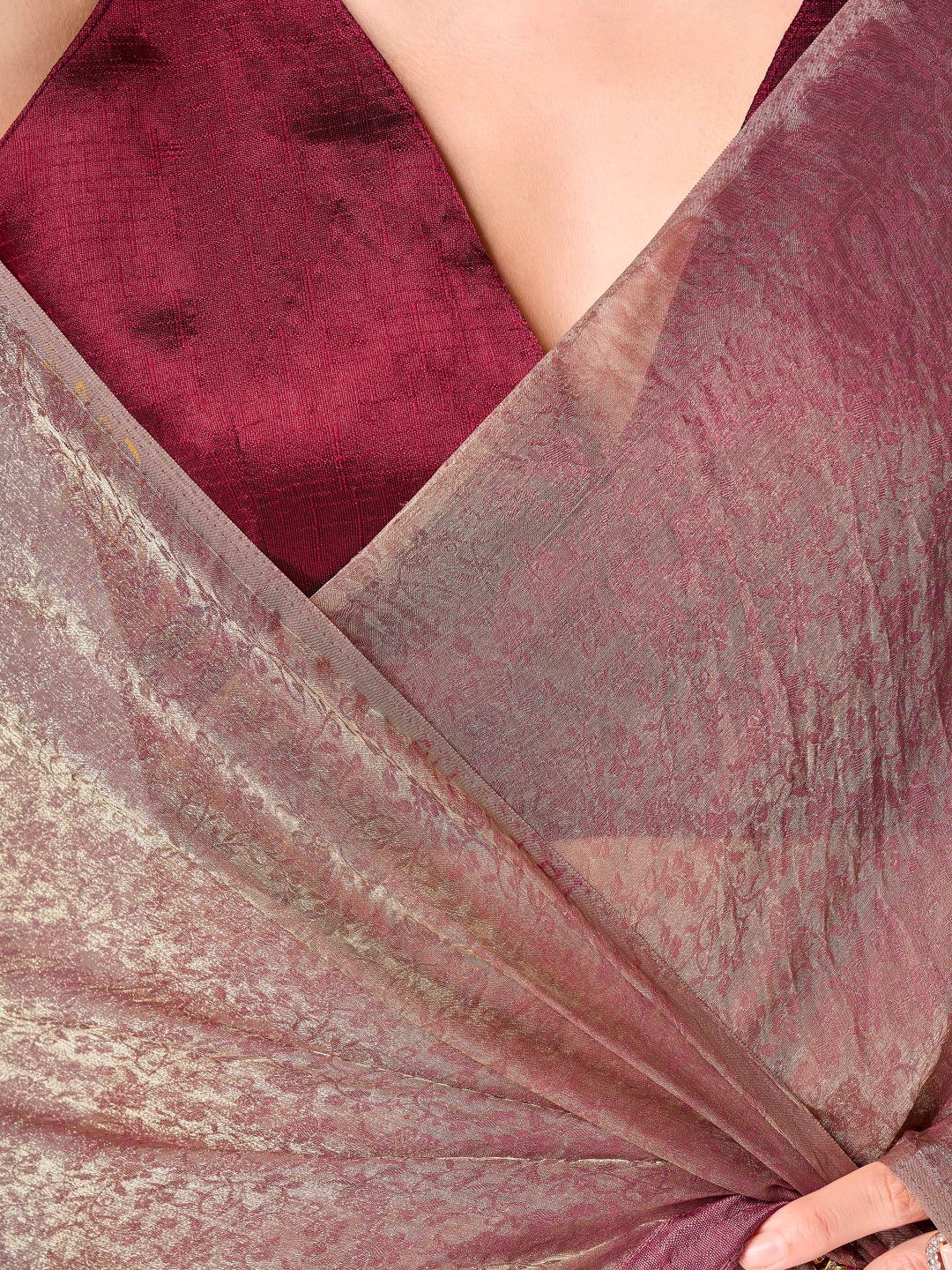 Two tone rose gold and dusty pink colored woven saree with tassles on pallu