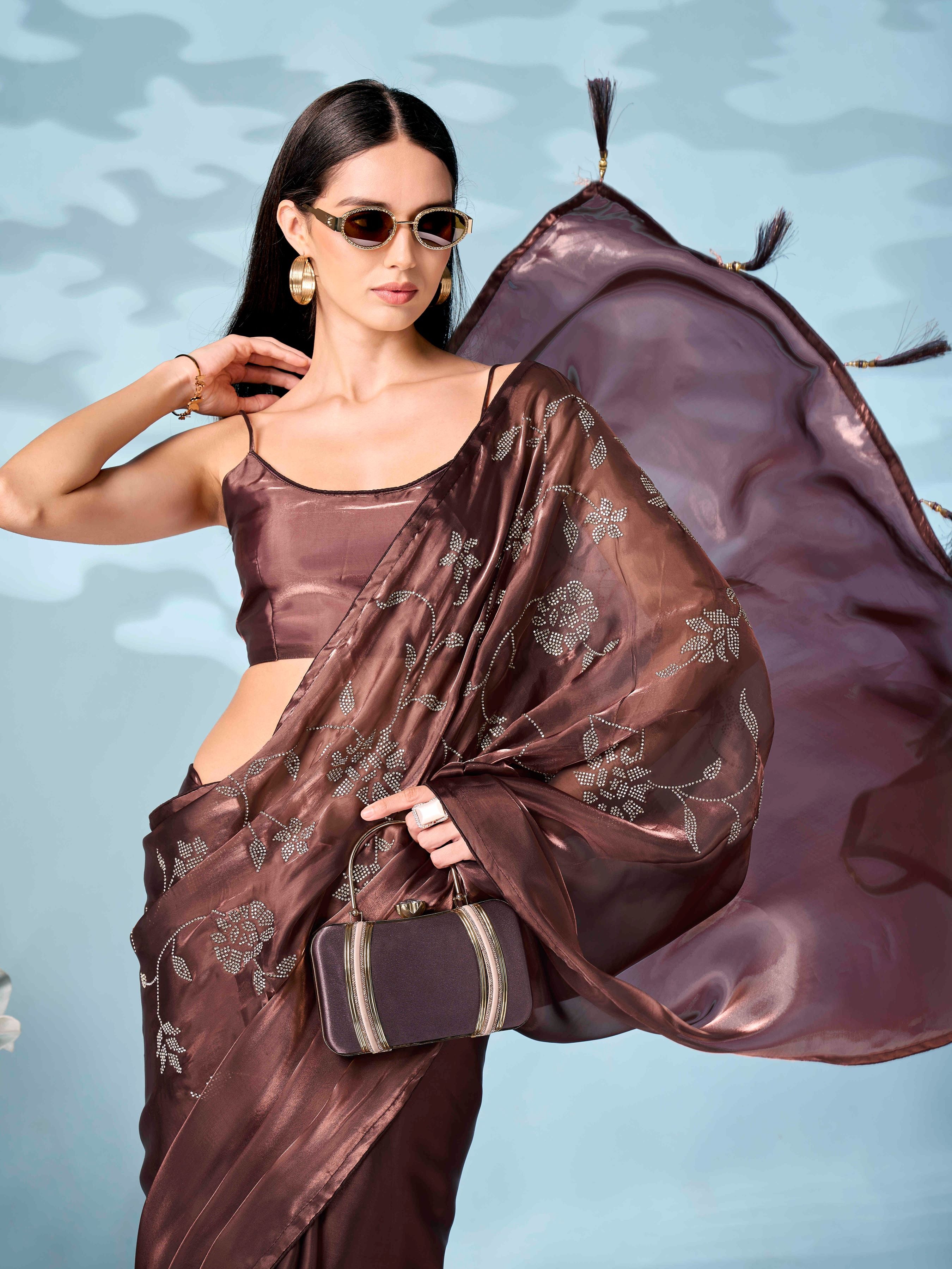 Metallic copper colored designer saree with swaroski work on shoulder portion