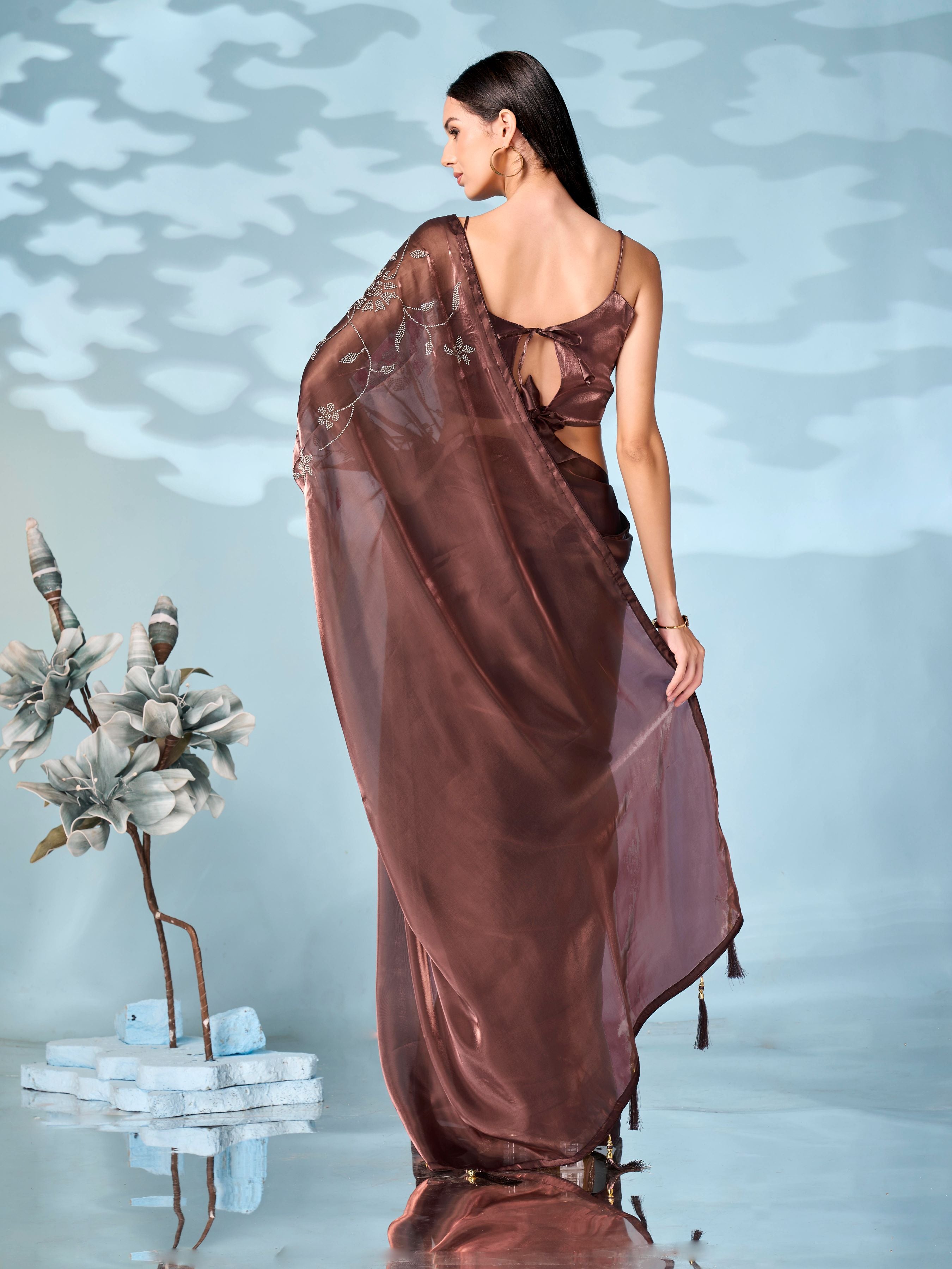 Metallic copper colored designer saree with swaroski work on shoulder portion