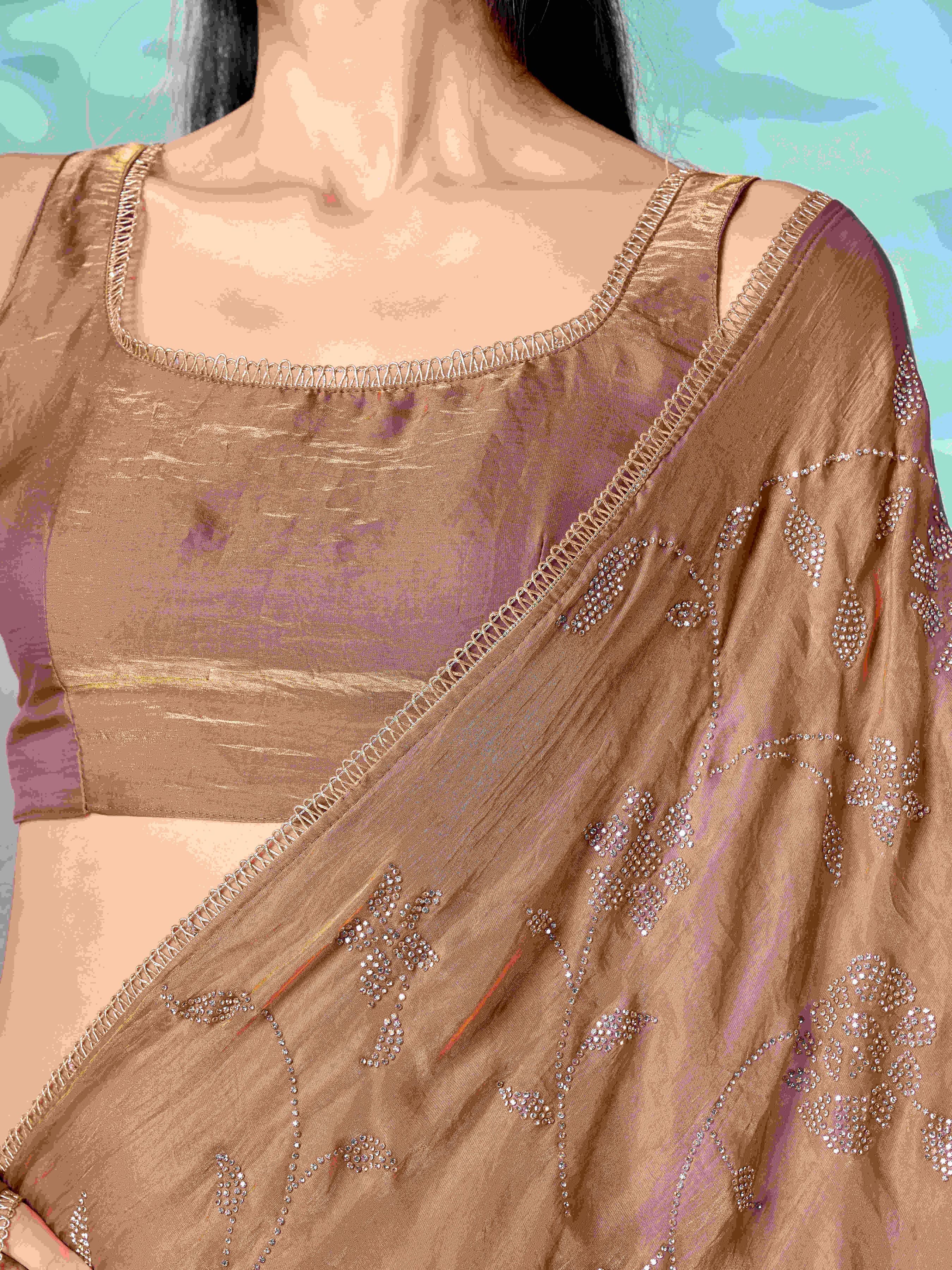 Dark Camel brown colored designer saree with swaroski work on shoulder portion and embellished borderf