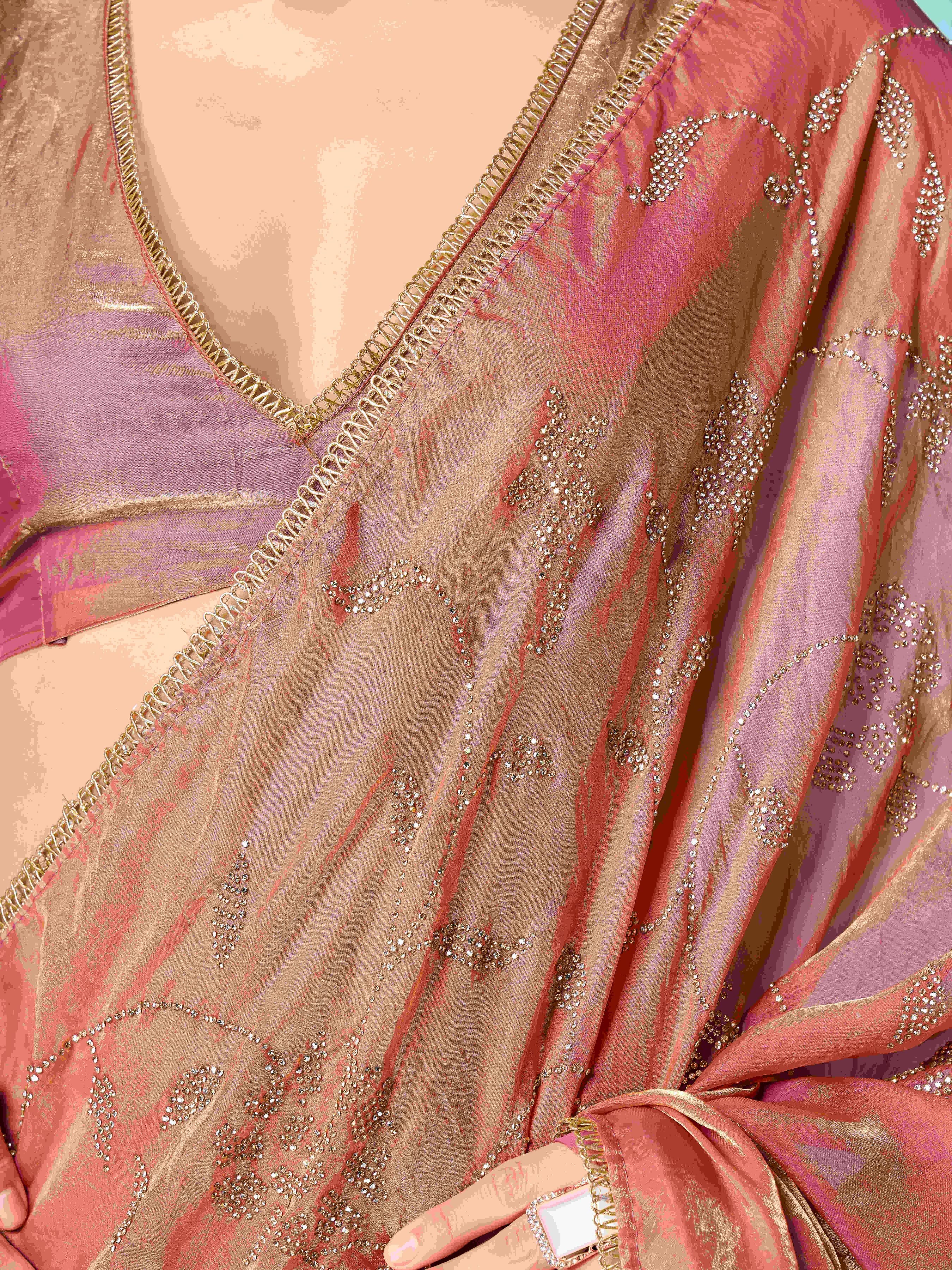 Pink colored two tone designer saree with swaroski work on shoulder portion and embellished lace