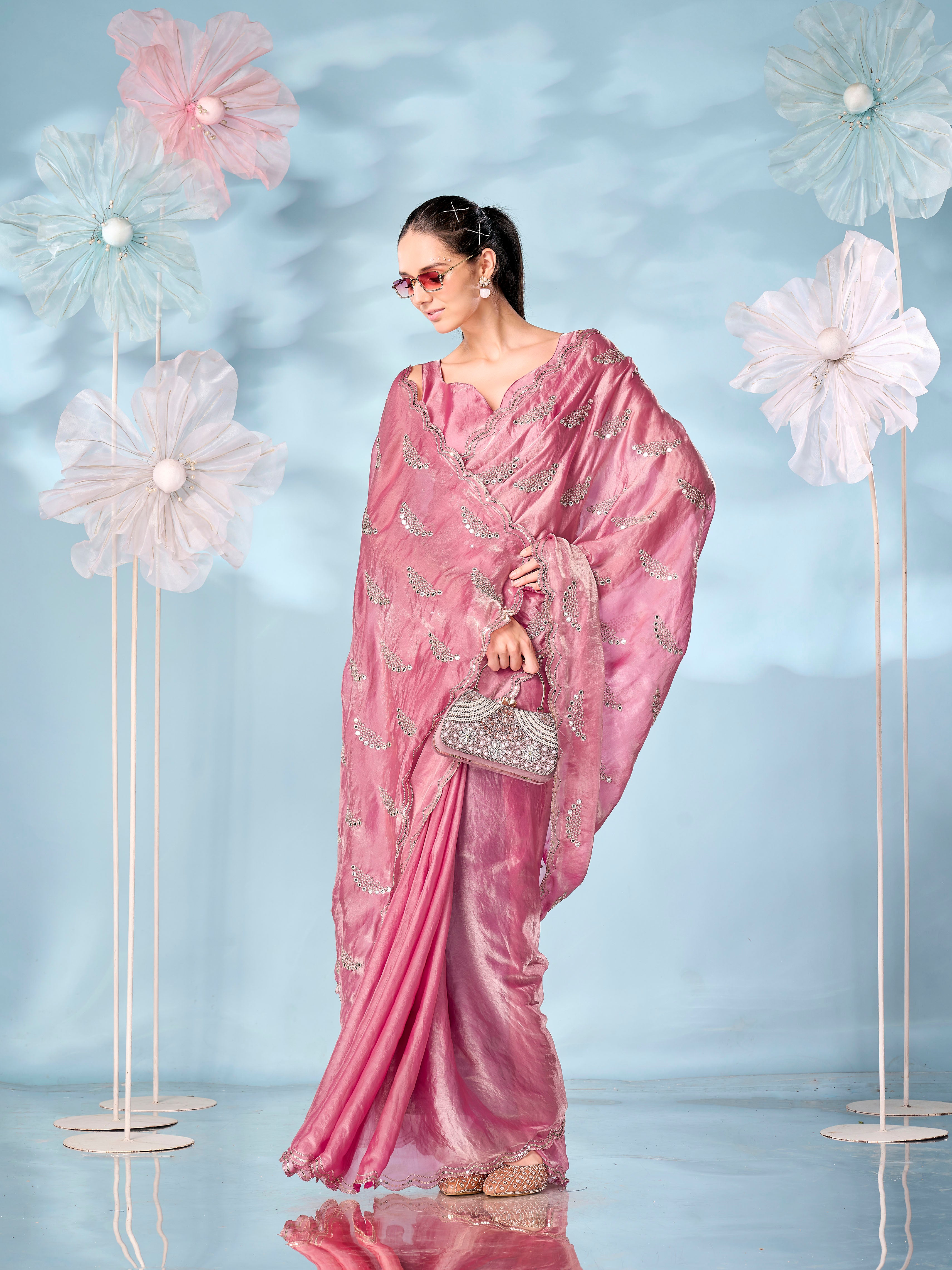 Two tone pink and gold colored jimmy choo mirror work emboidered saree with scalloped border