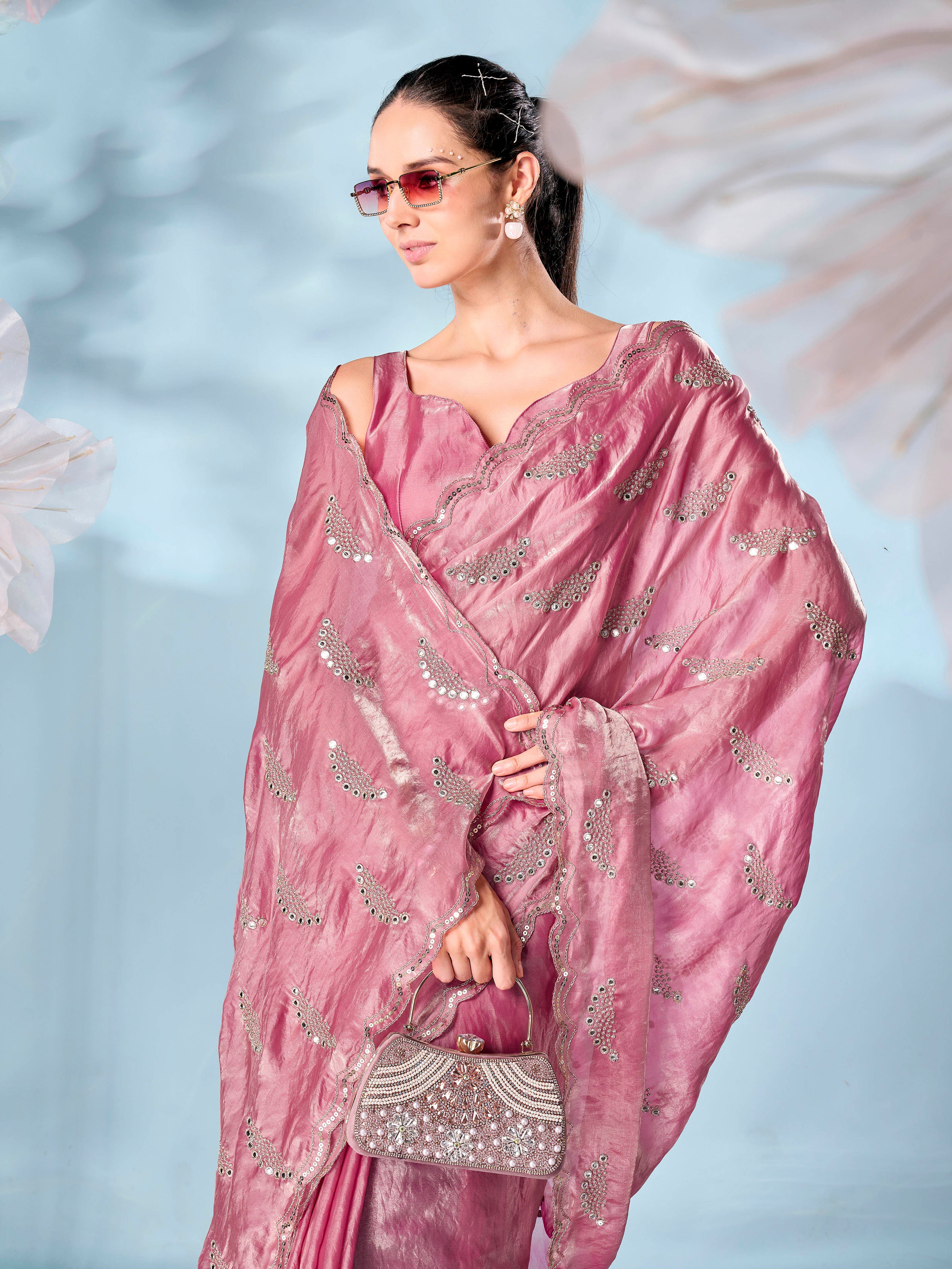Two tone pink and gold colored jimmy choo mirror work emboidered saree with scalloped border