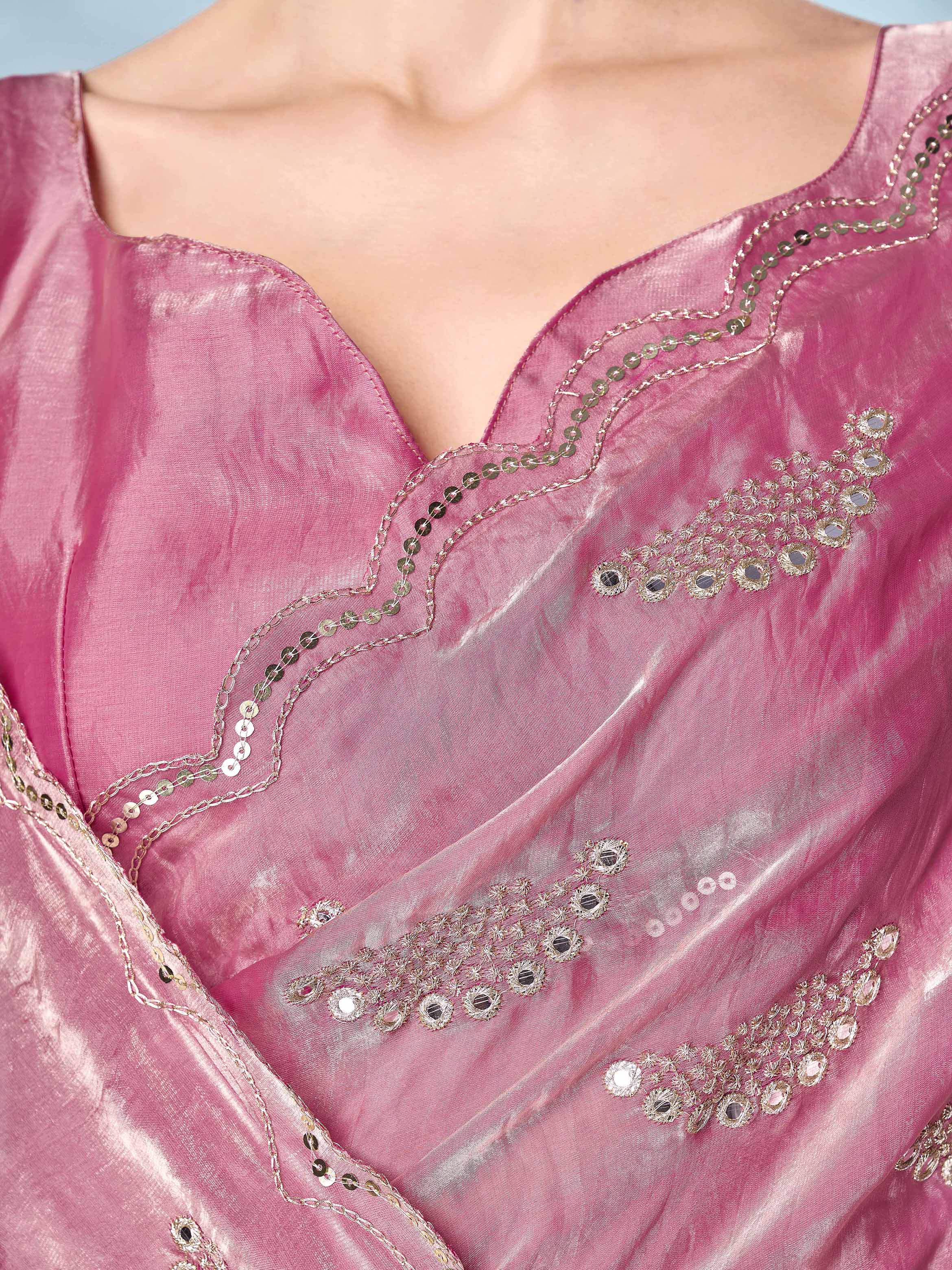Two tone pink and gold colored jimmy choo mirror work emboidered saree with scalloped border