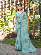Blue colored muga cotton saree with tassles on pallu