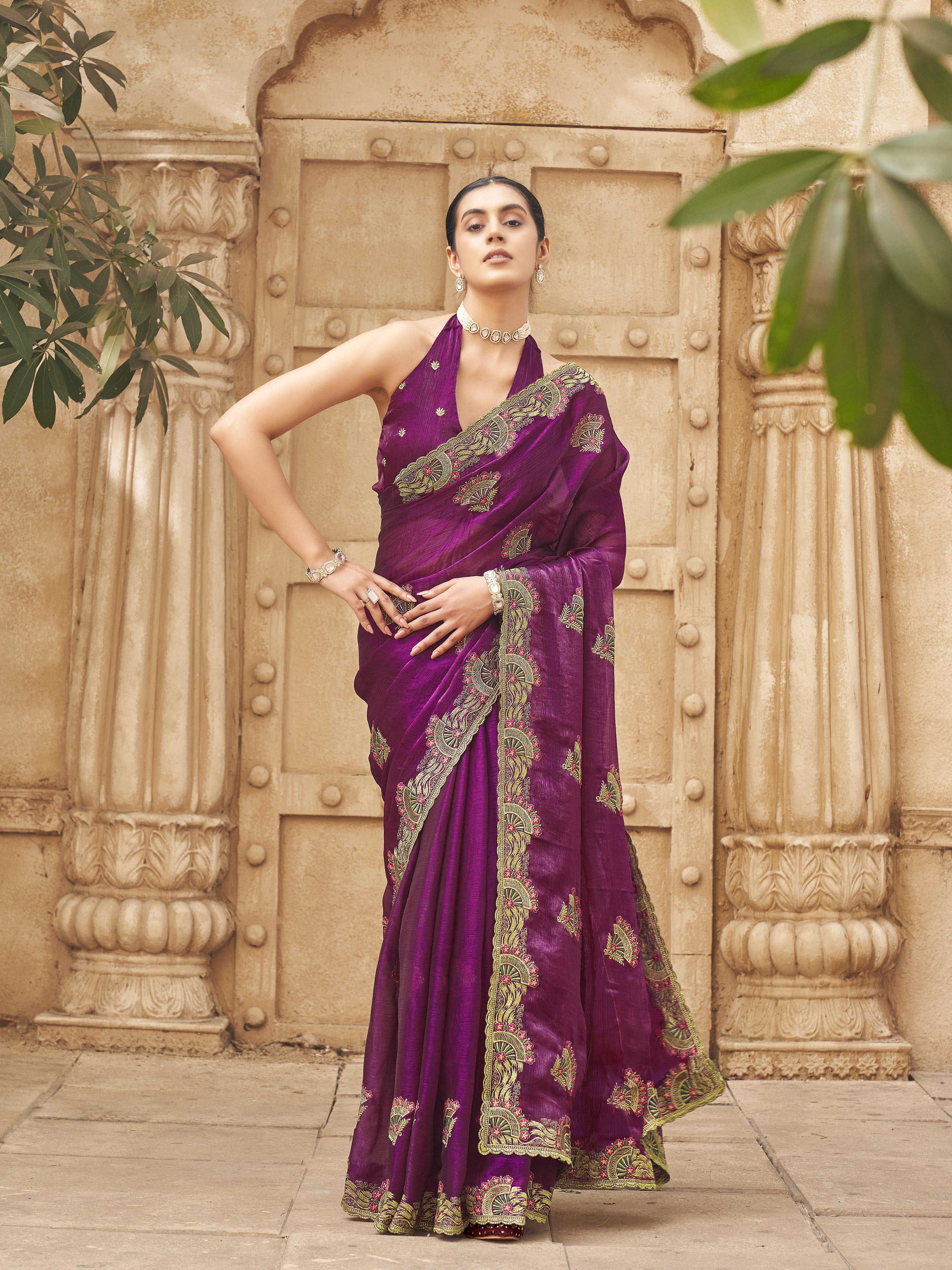 Rust colored designer sequin ebroidered saree