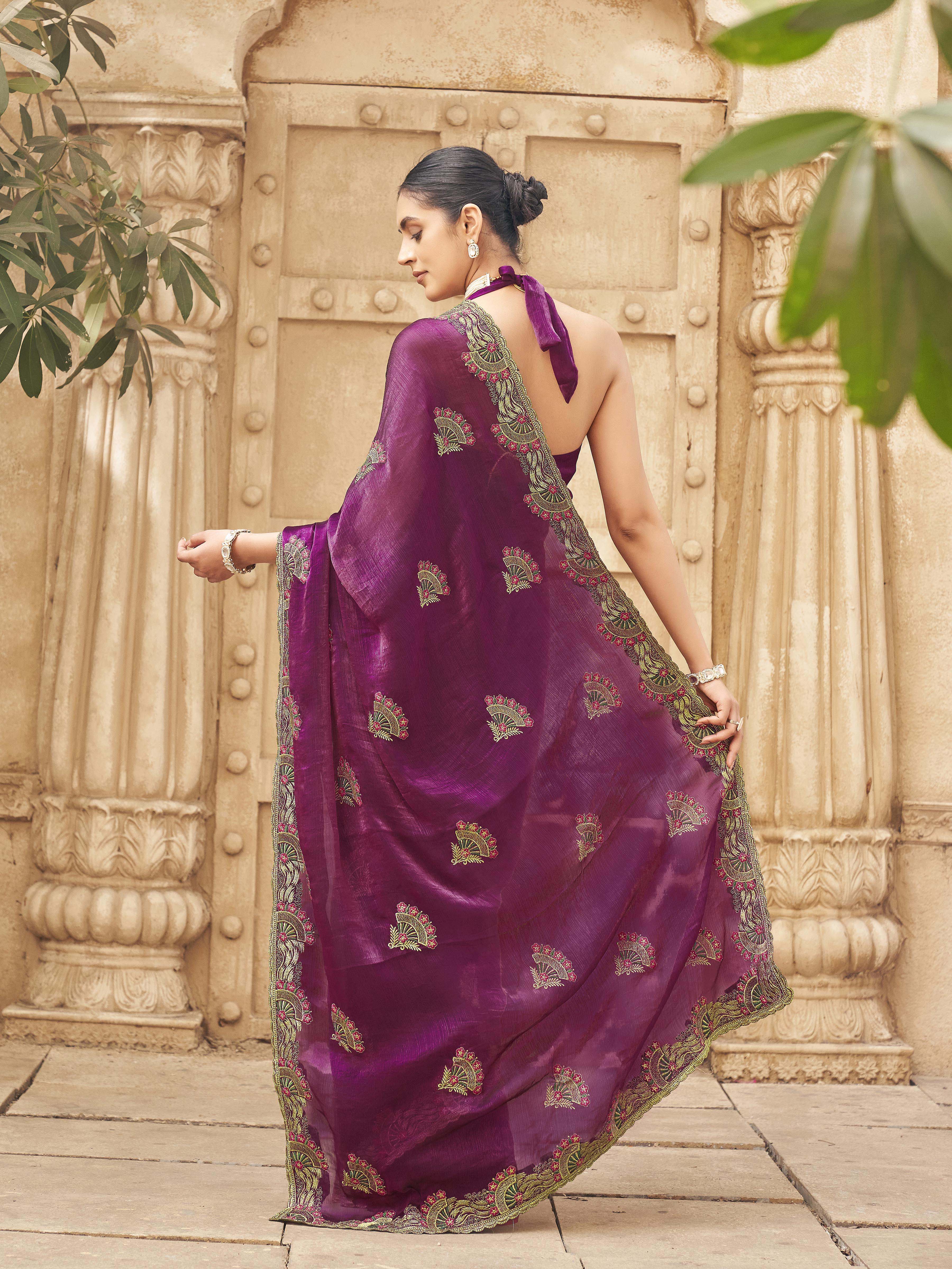 Rust colored designer sequin ebroidered saree