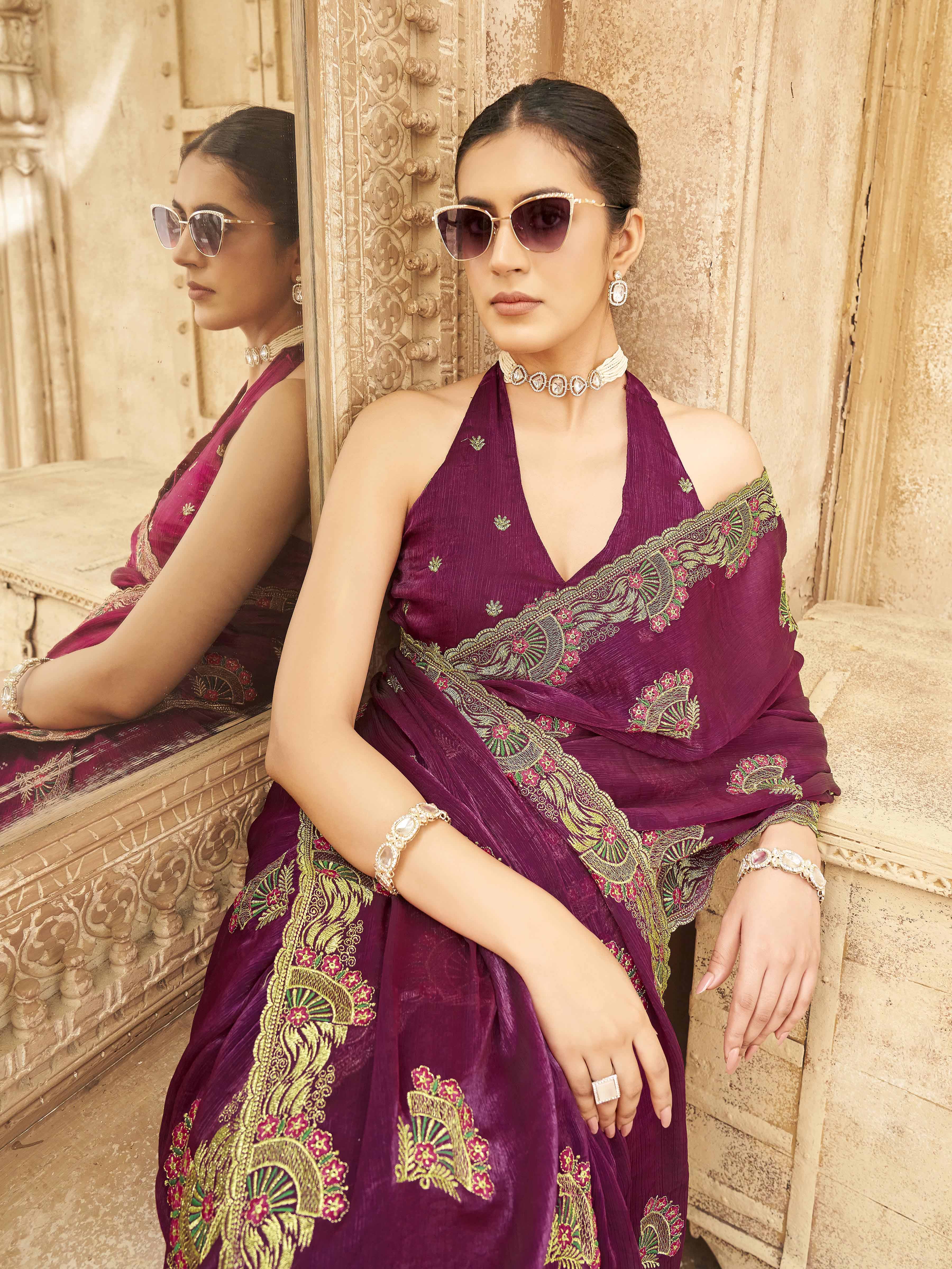 Rust colored designer sequin ebroidered saree