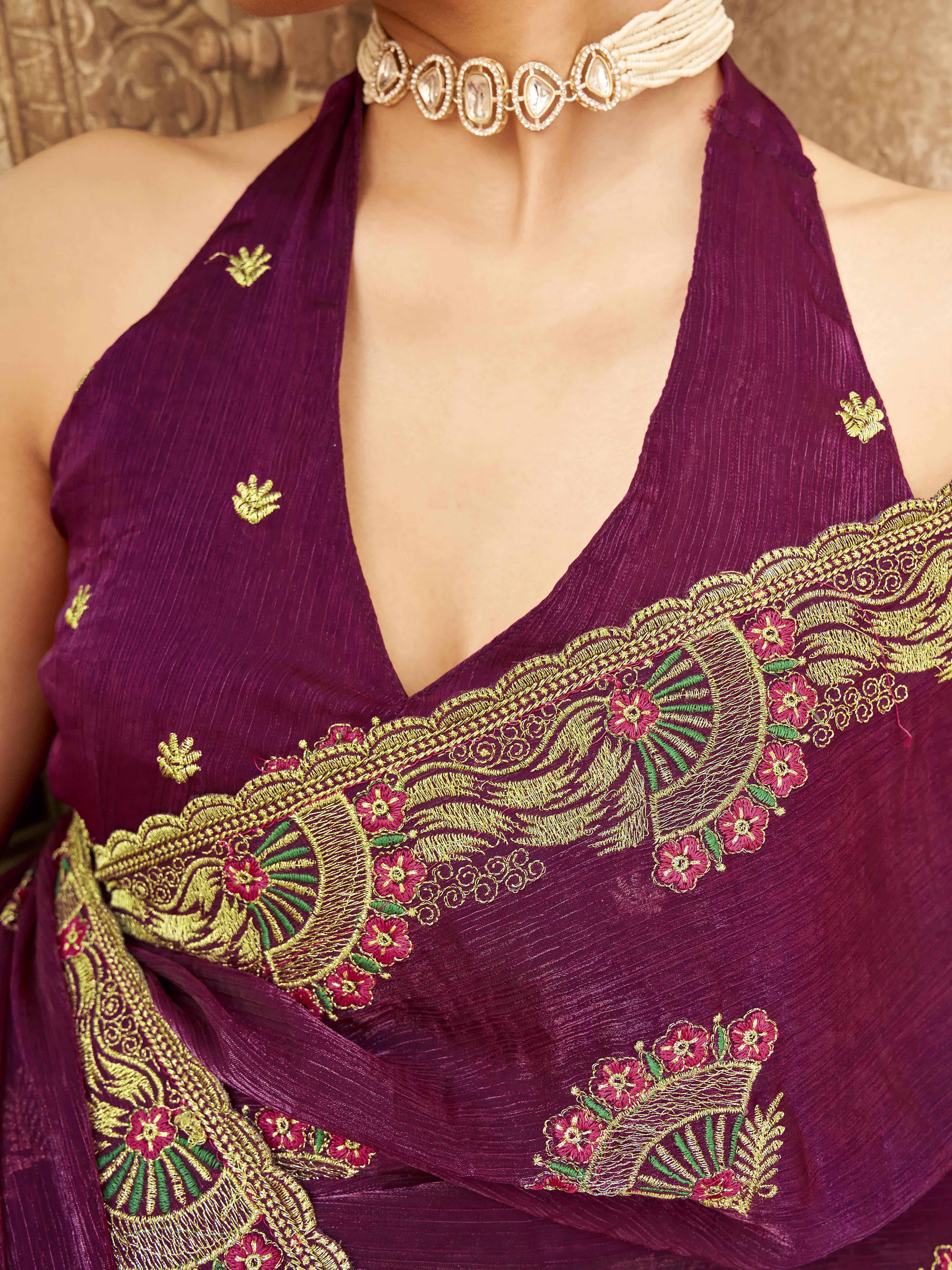 Rust colored designer sequin ebroidered saree