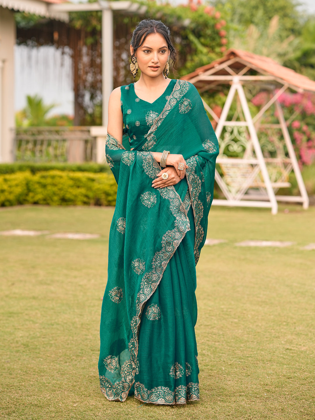 Two tone green colored embroidered saree