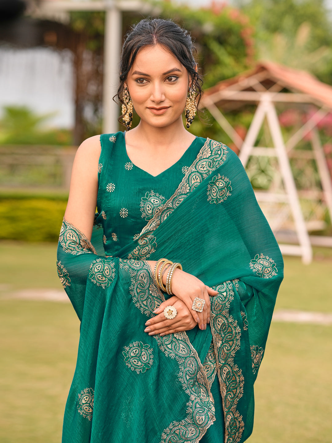 Two tone green colored embroidered saree
