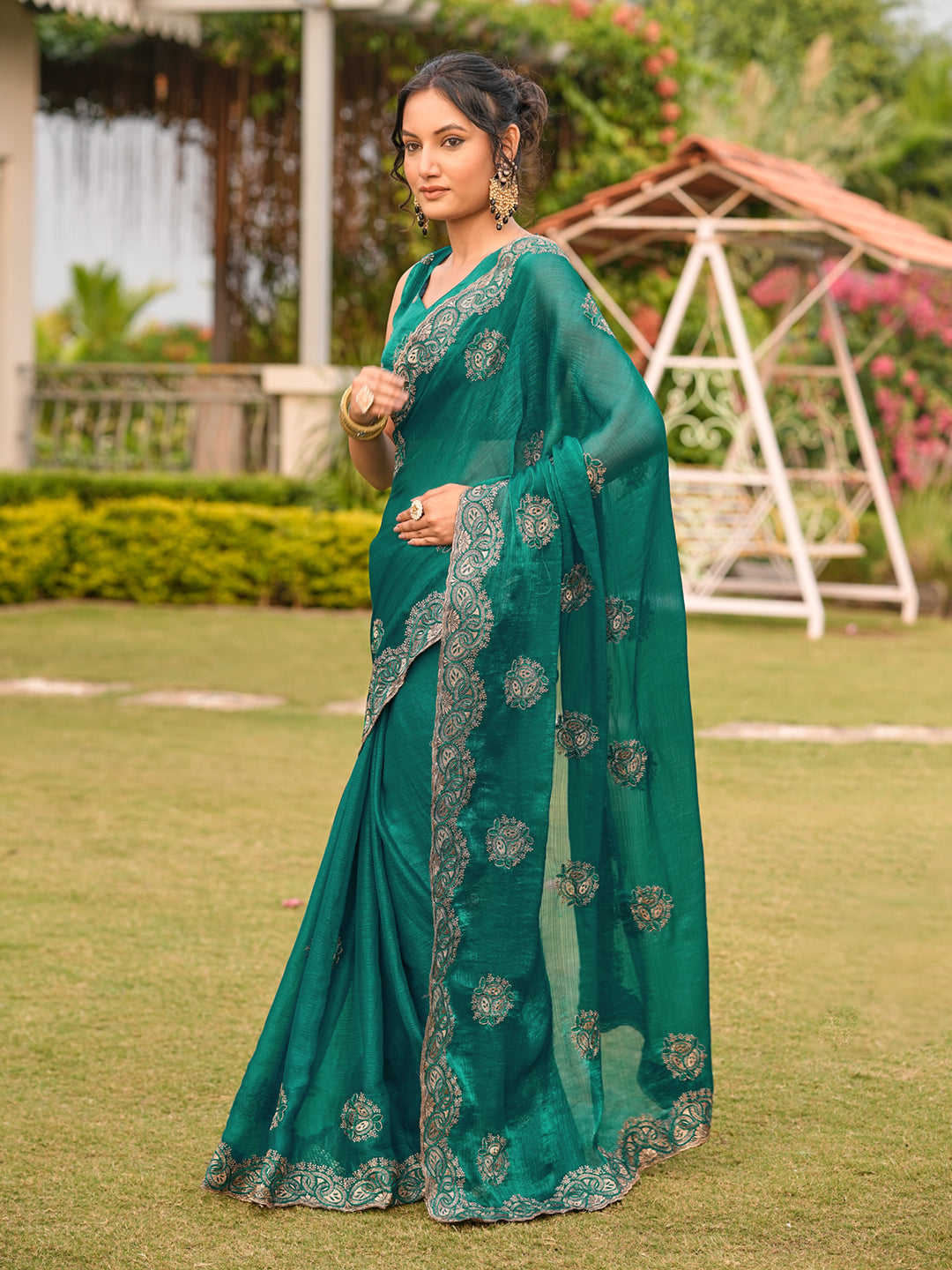 Two tone green colored embroidered saree