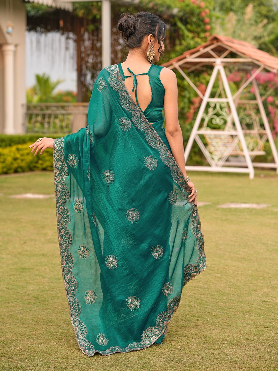 Two tone green colored embroidered saree