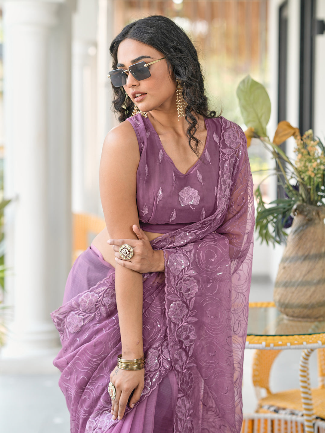 Mauve colored sequin embroidered saree