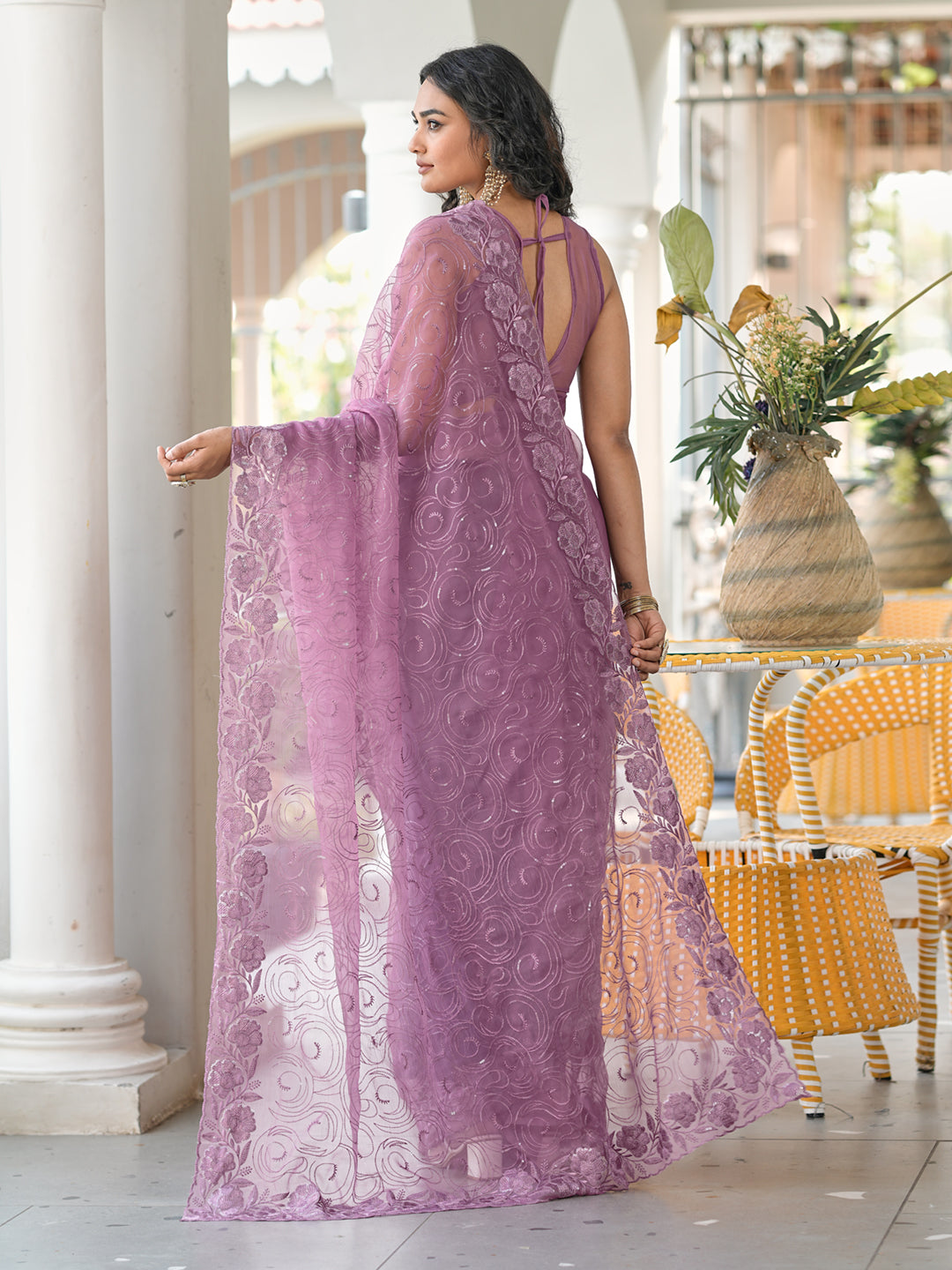 Mauve colored sequin embroidered saree