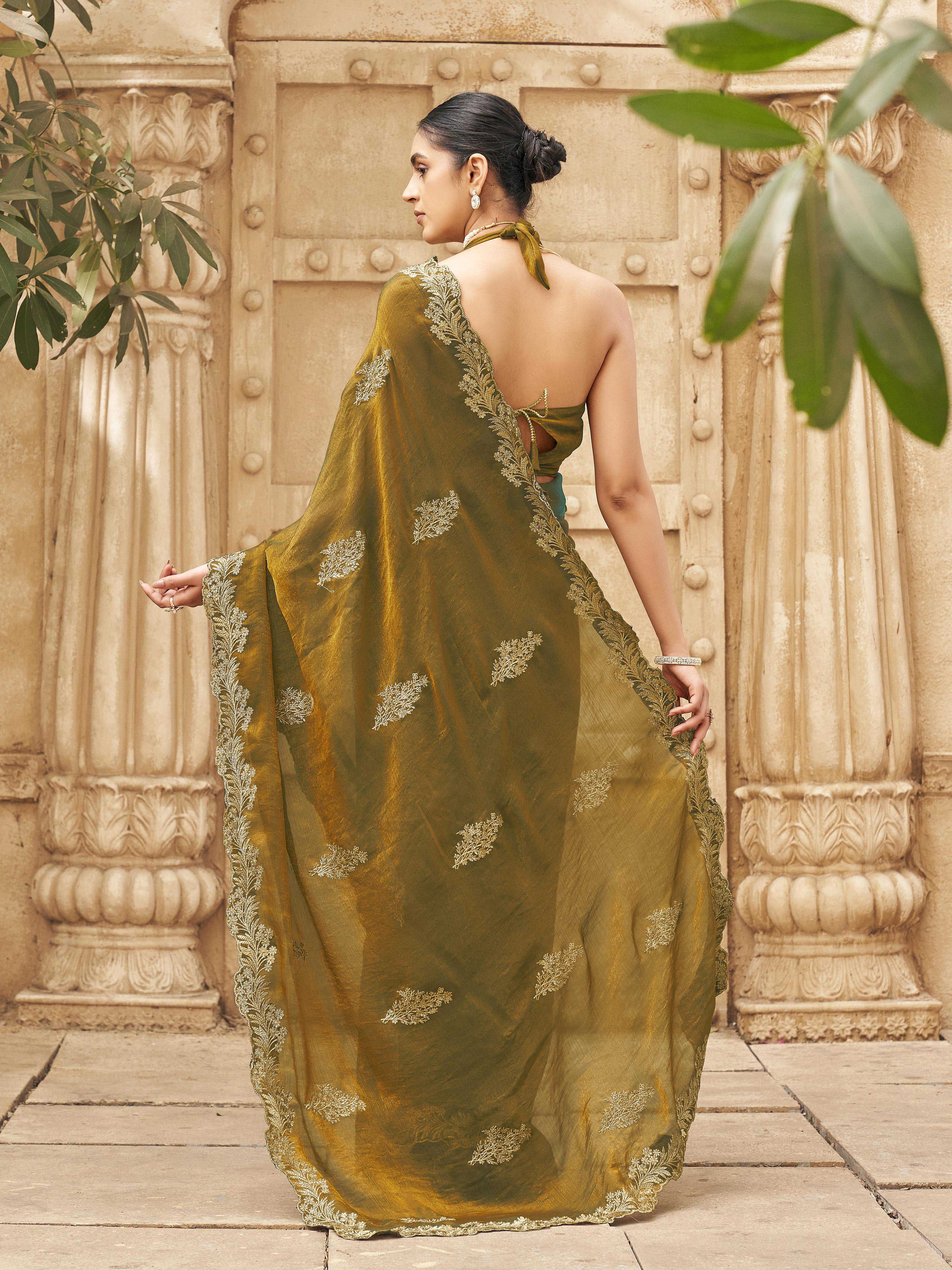 Two tone green and gold colored embroidered saree