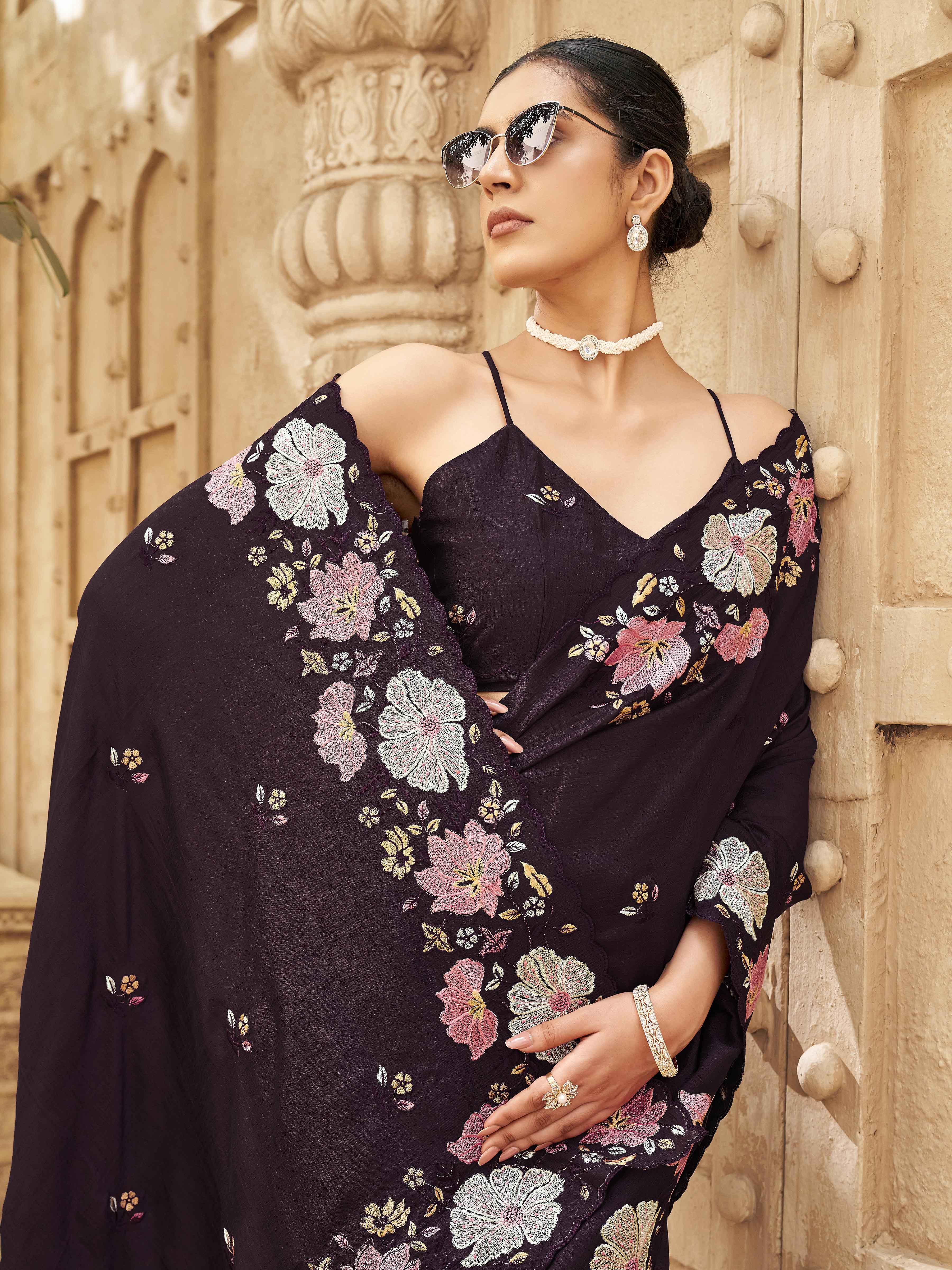 Purple colored shimmer georgette base designer saree