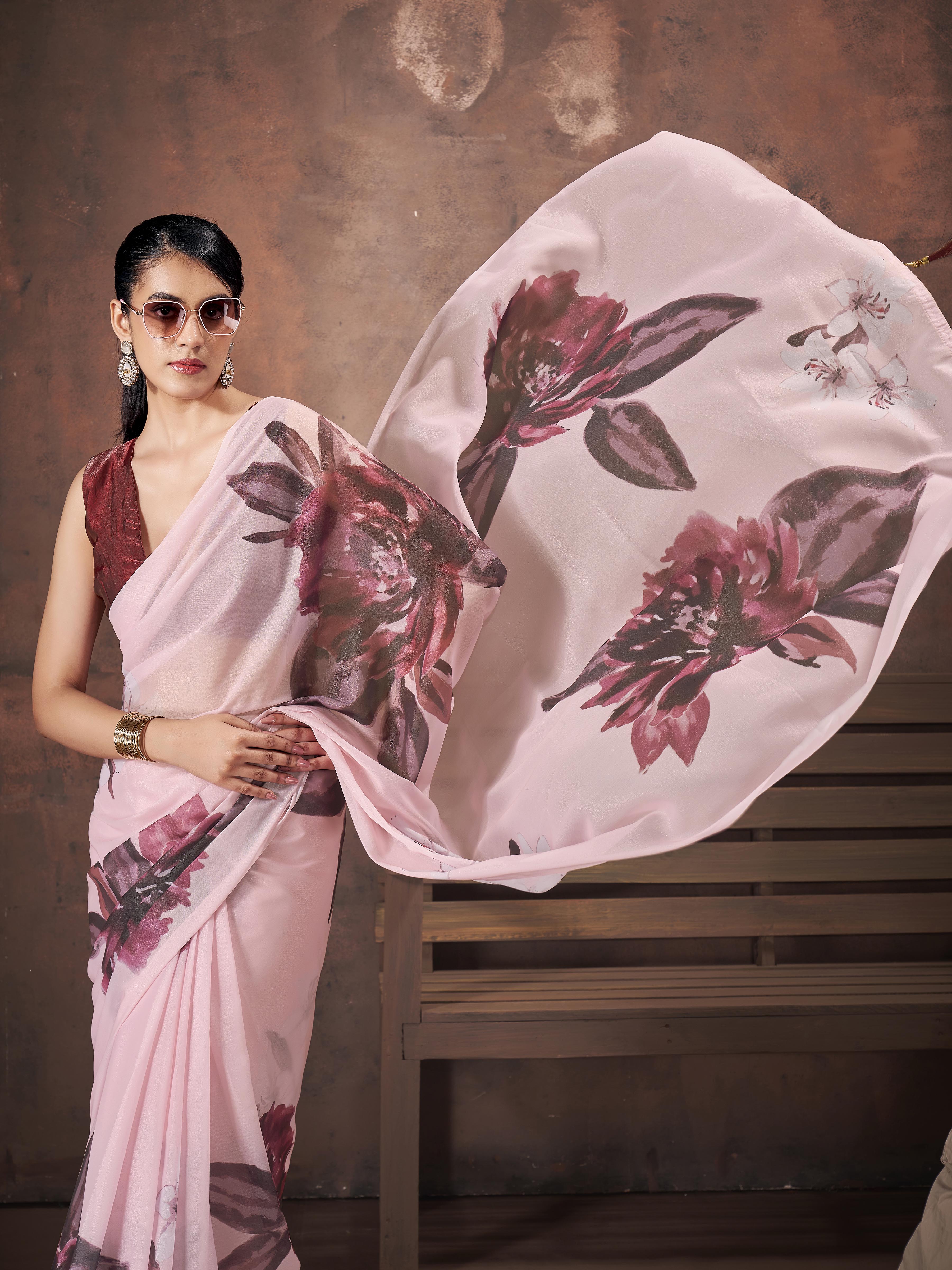 Ready to wear Pink colored celebrity digital printed saree