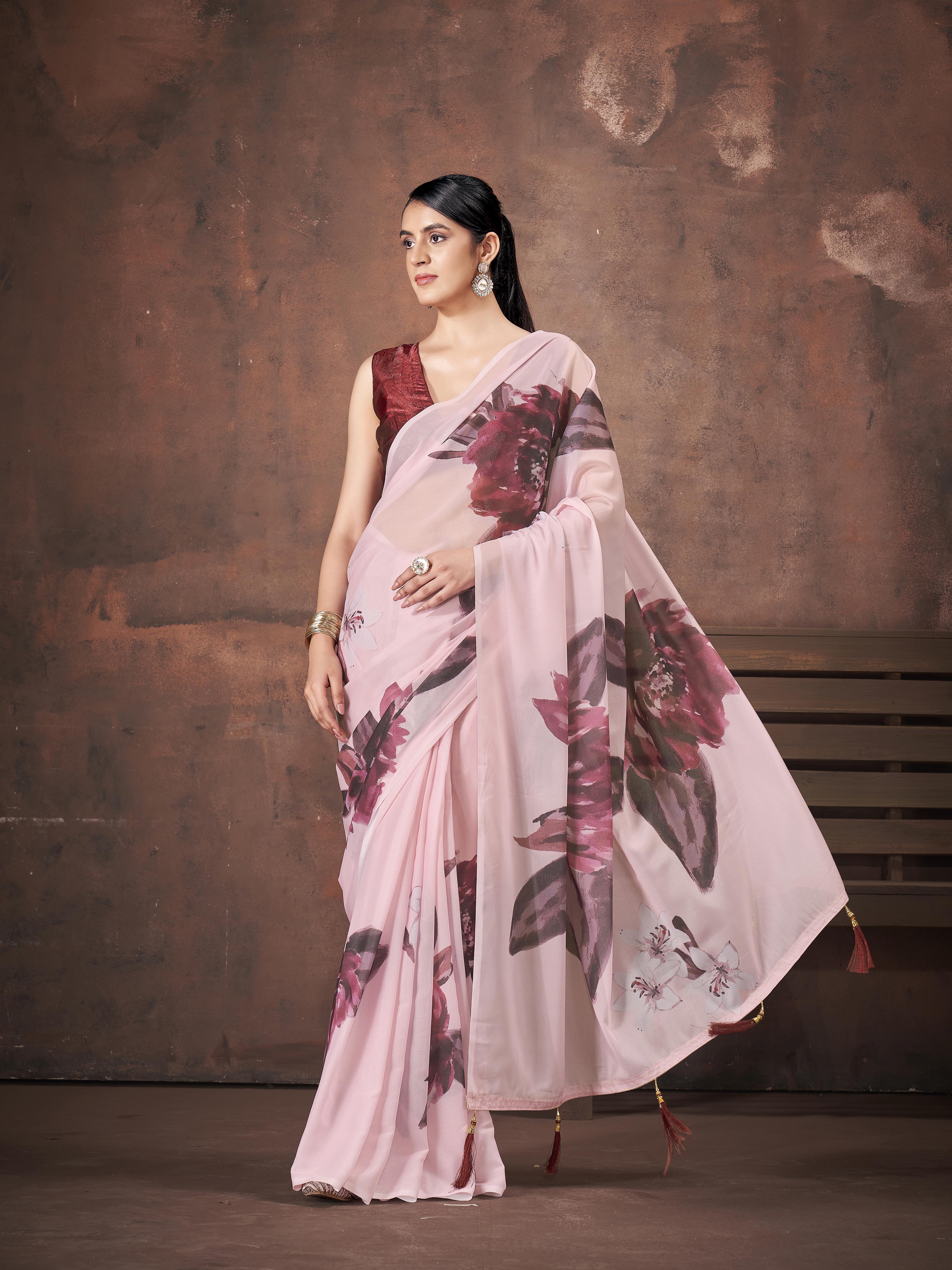 Ready to wear Pink colored celebrity digital printed saree