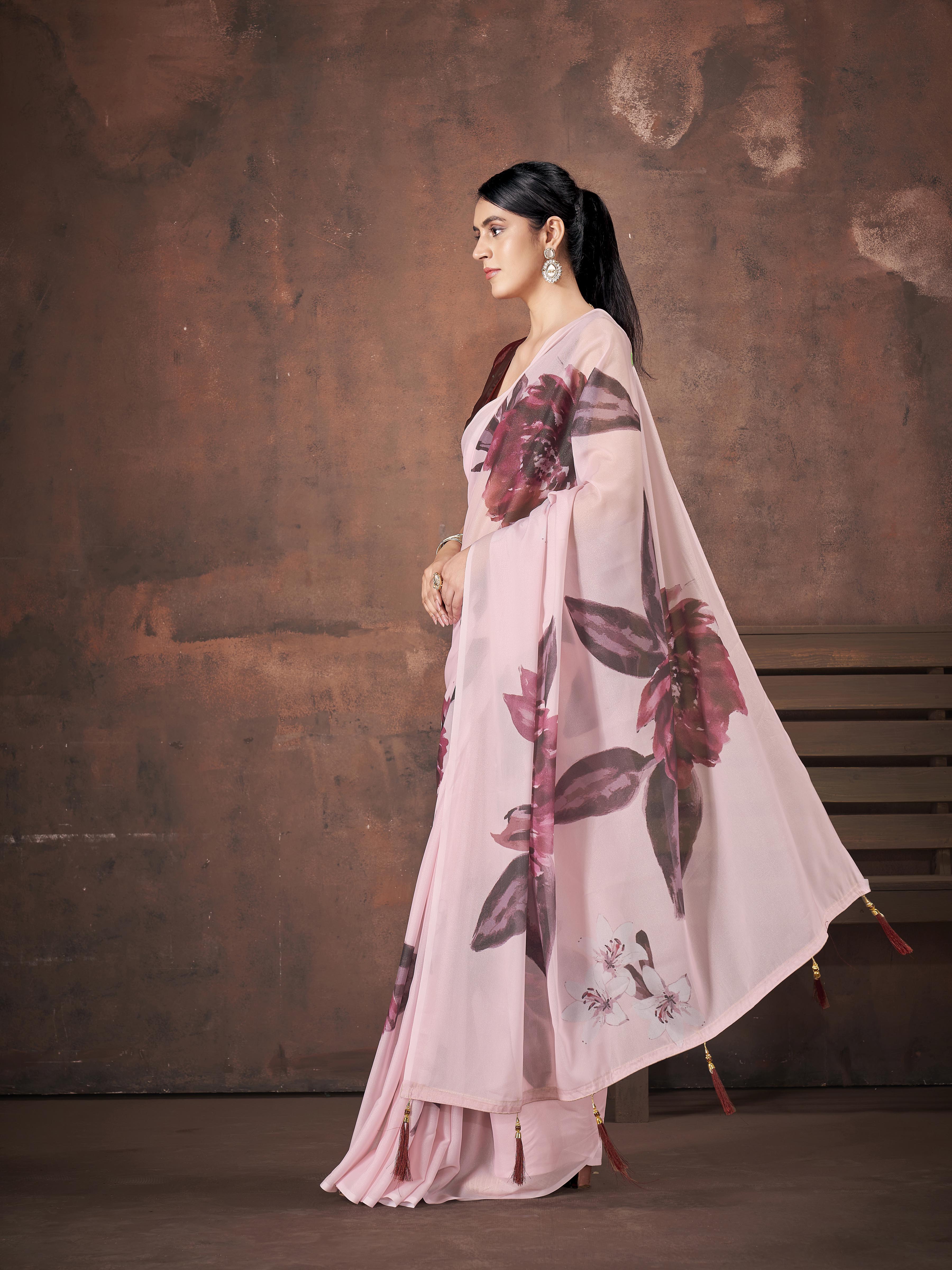 Ready to wear Pink colored celebrity digital printed saree
