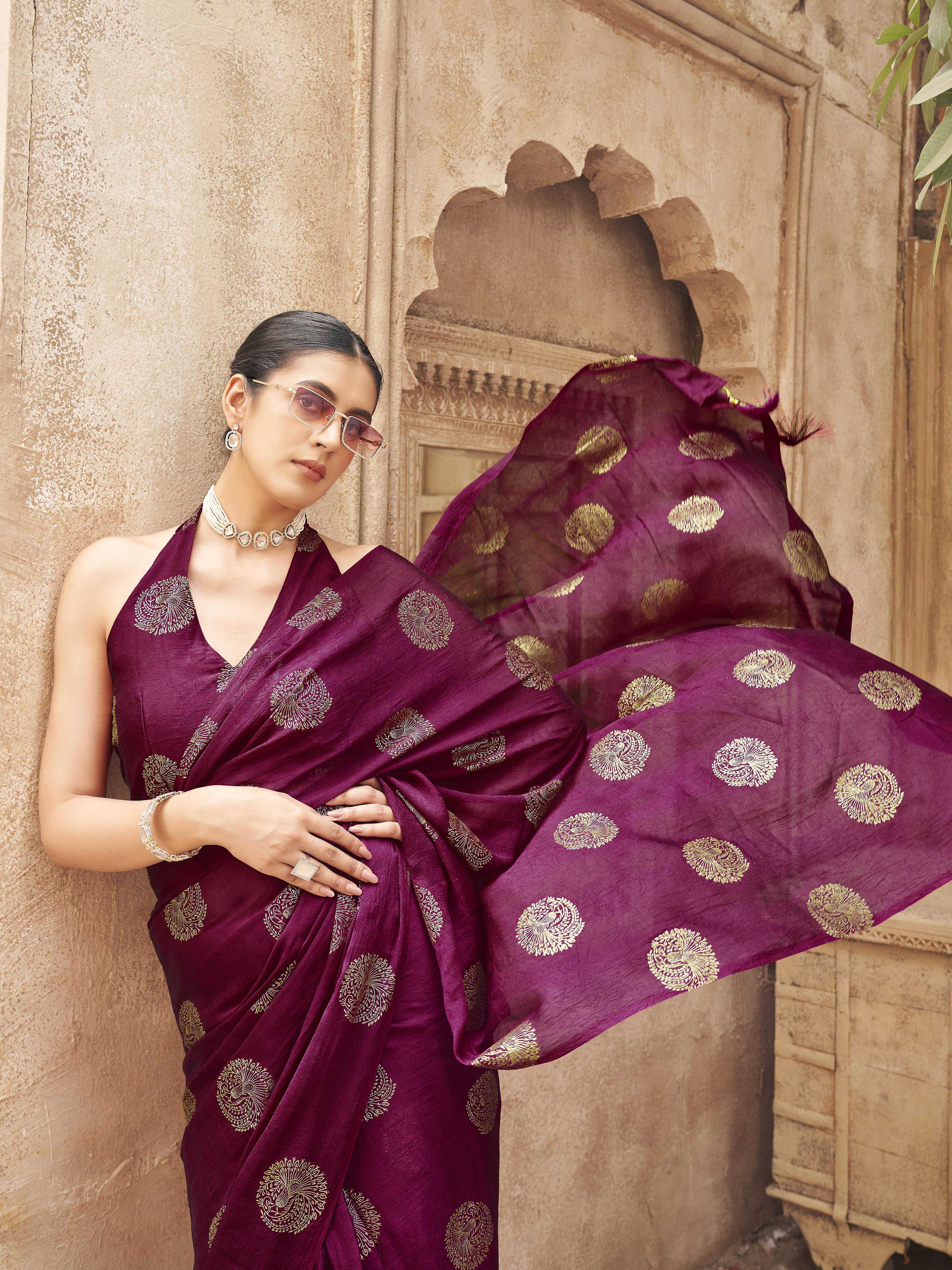 Ready to wear pink colored foil embellished saree