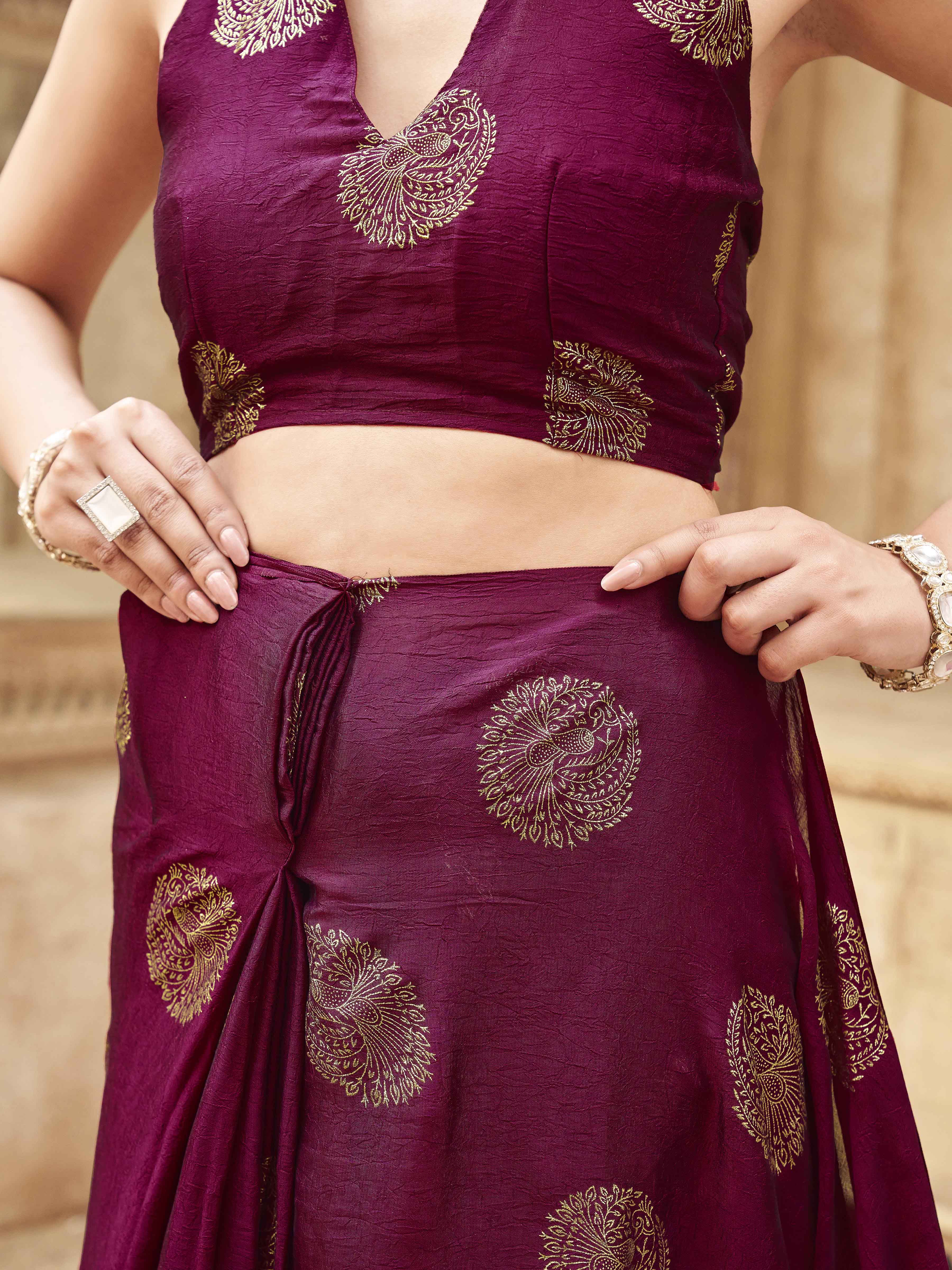 Ready to wear pink colored foil embellished saree
