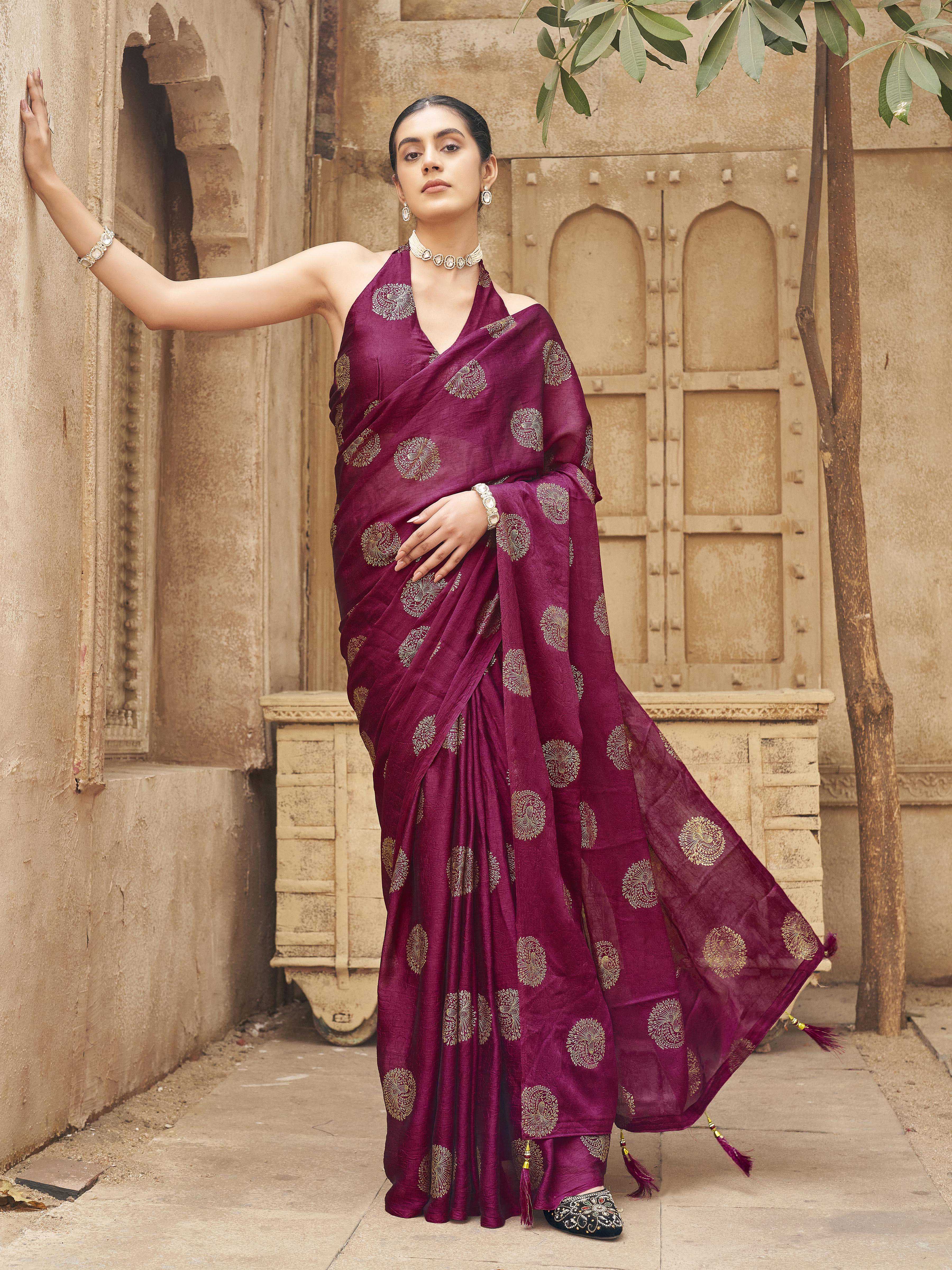 Ready to wear pink colored foil embellished saree