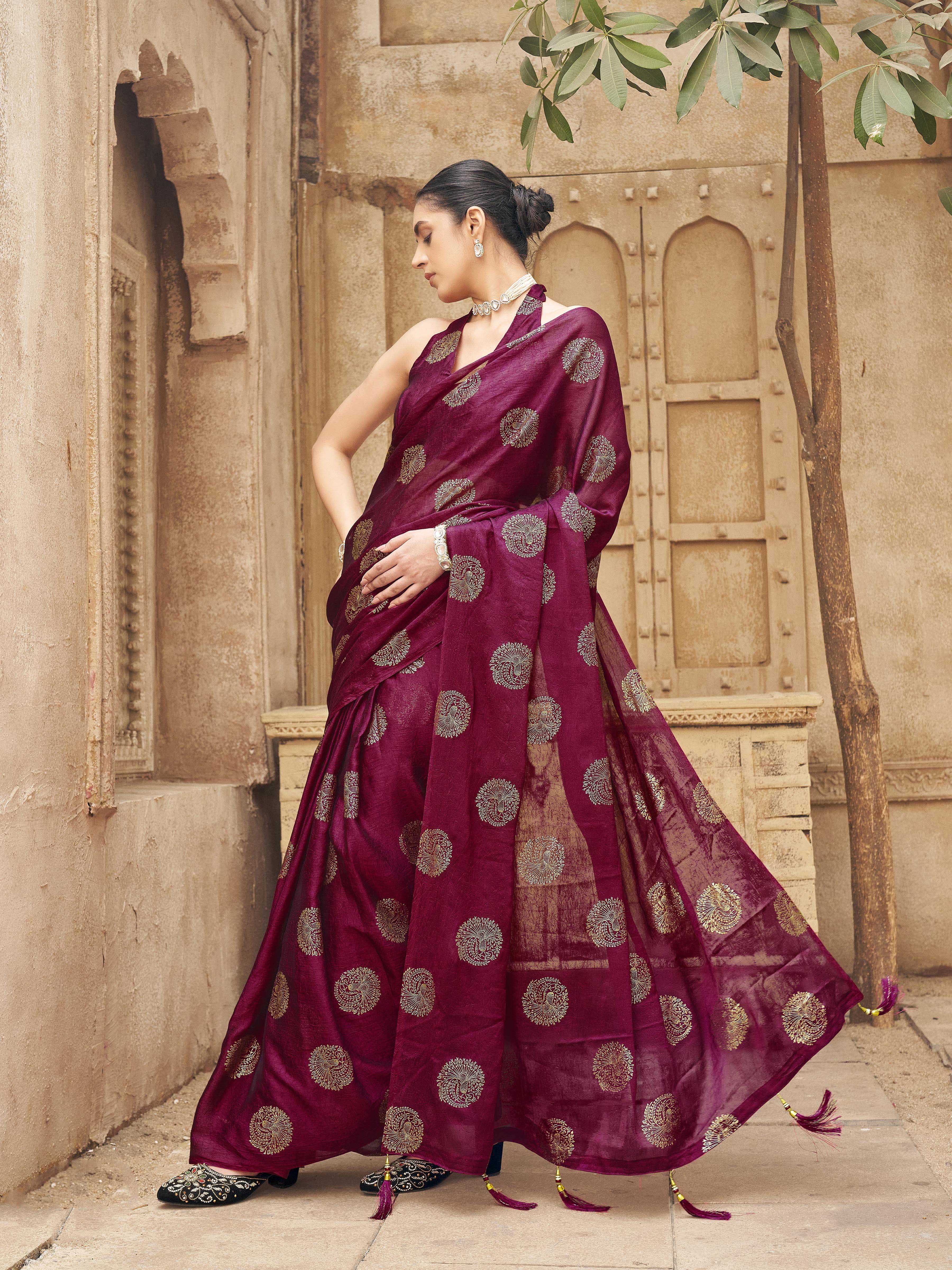 Ready to wear pink colored foil embellished saree