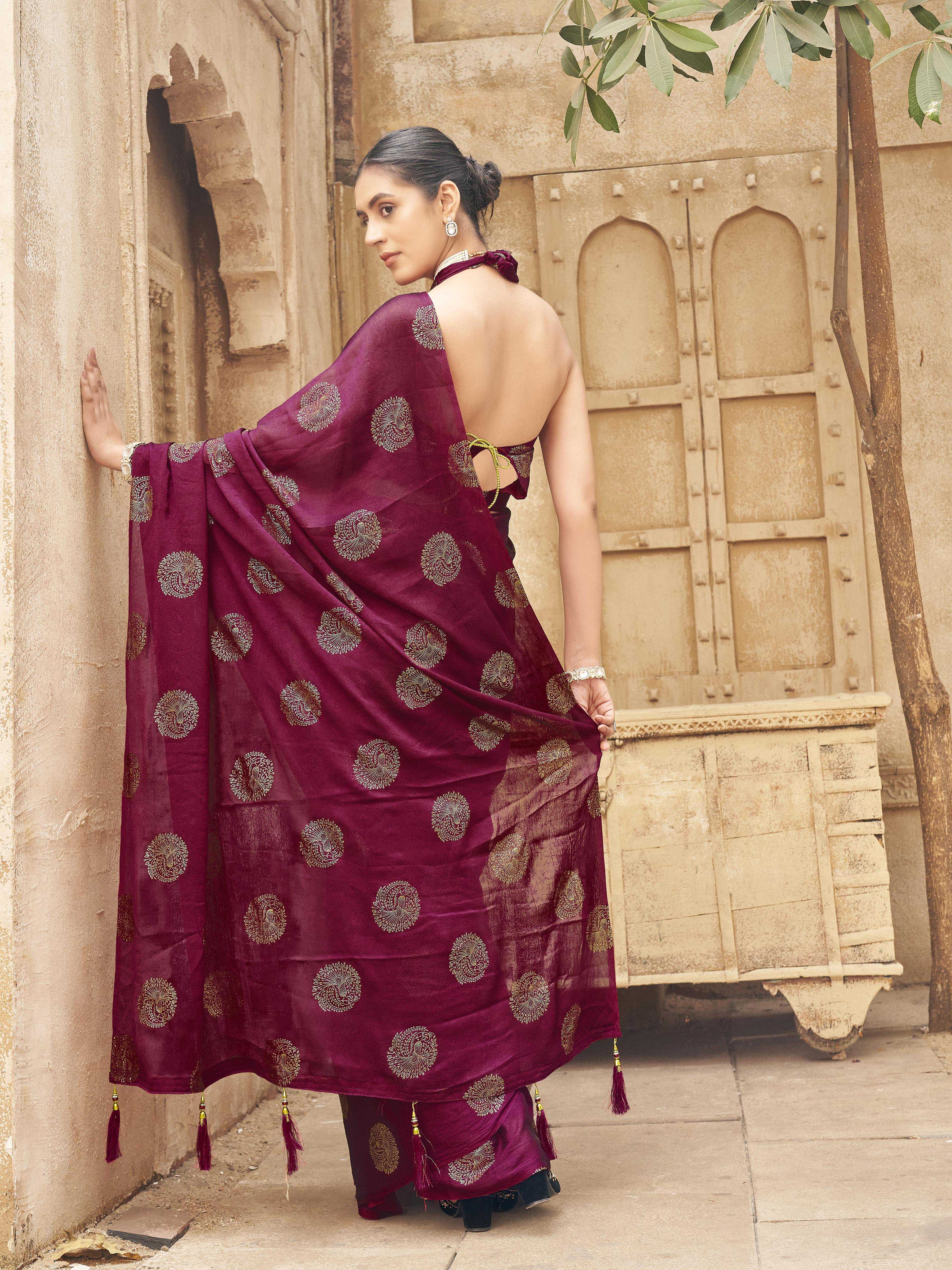 Ready to wear pink colored foil embellished saree