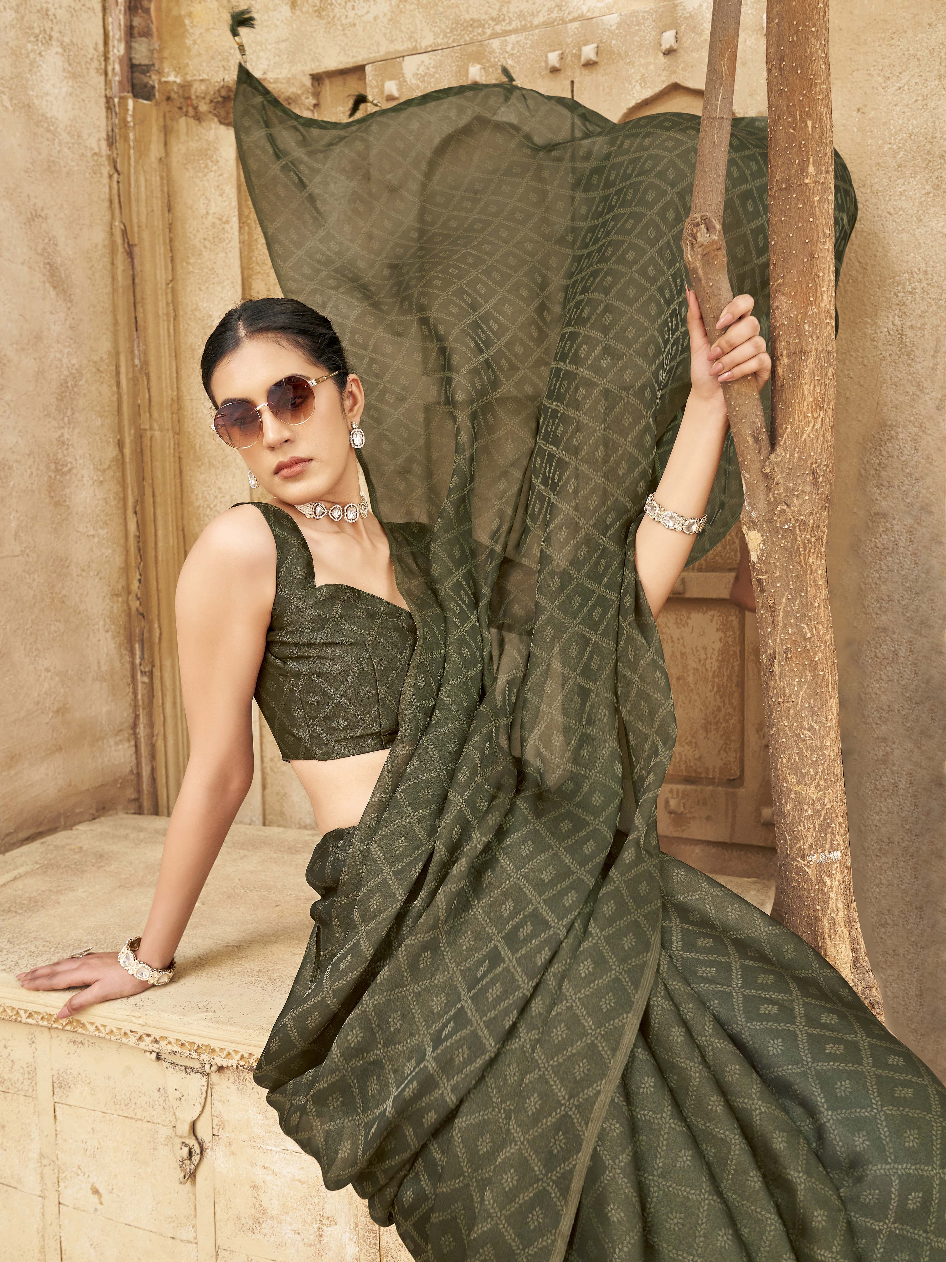 Ready to wear olive colored woven saree perfect for haldi functions